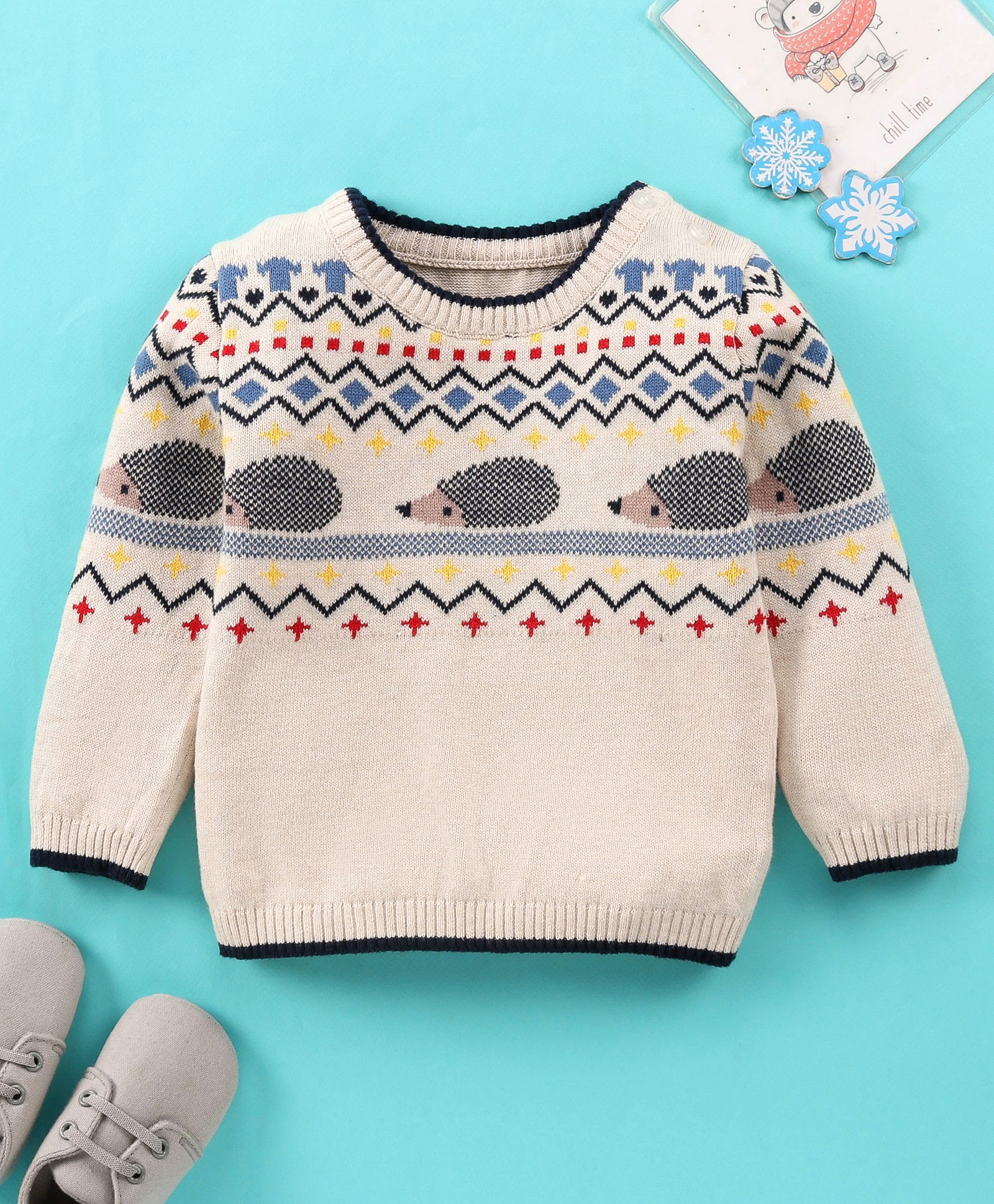 ToffyHouse 100% Cotton Full Sleeves Pullover Sweater with Porcupine Design - White Melange