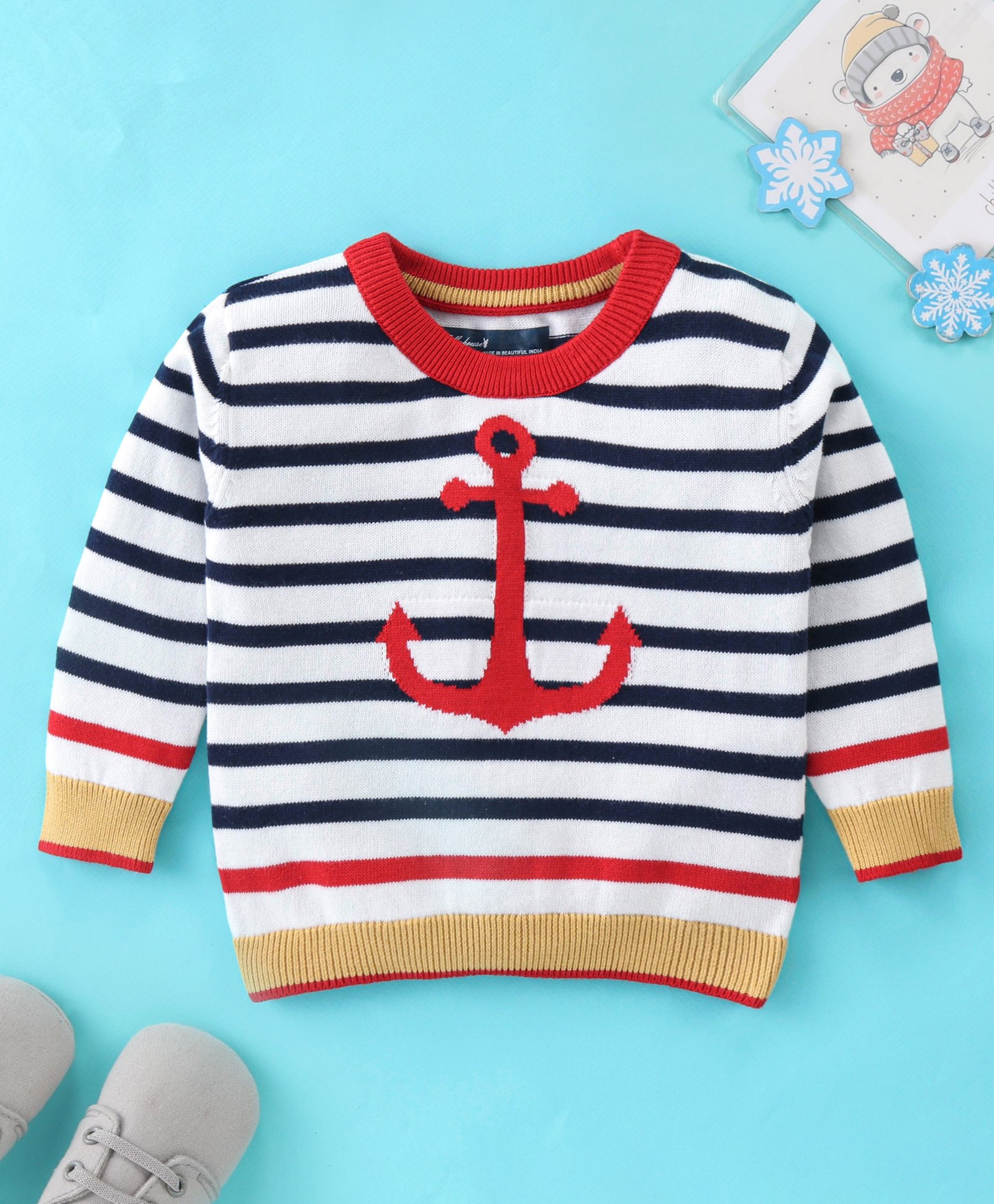 ToffyHouse Full Sleeves 100% Seamless Flatknitted Cotton Pullovers Sweater Striped Design - Off White-image-13