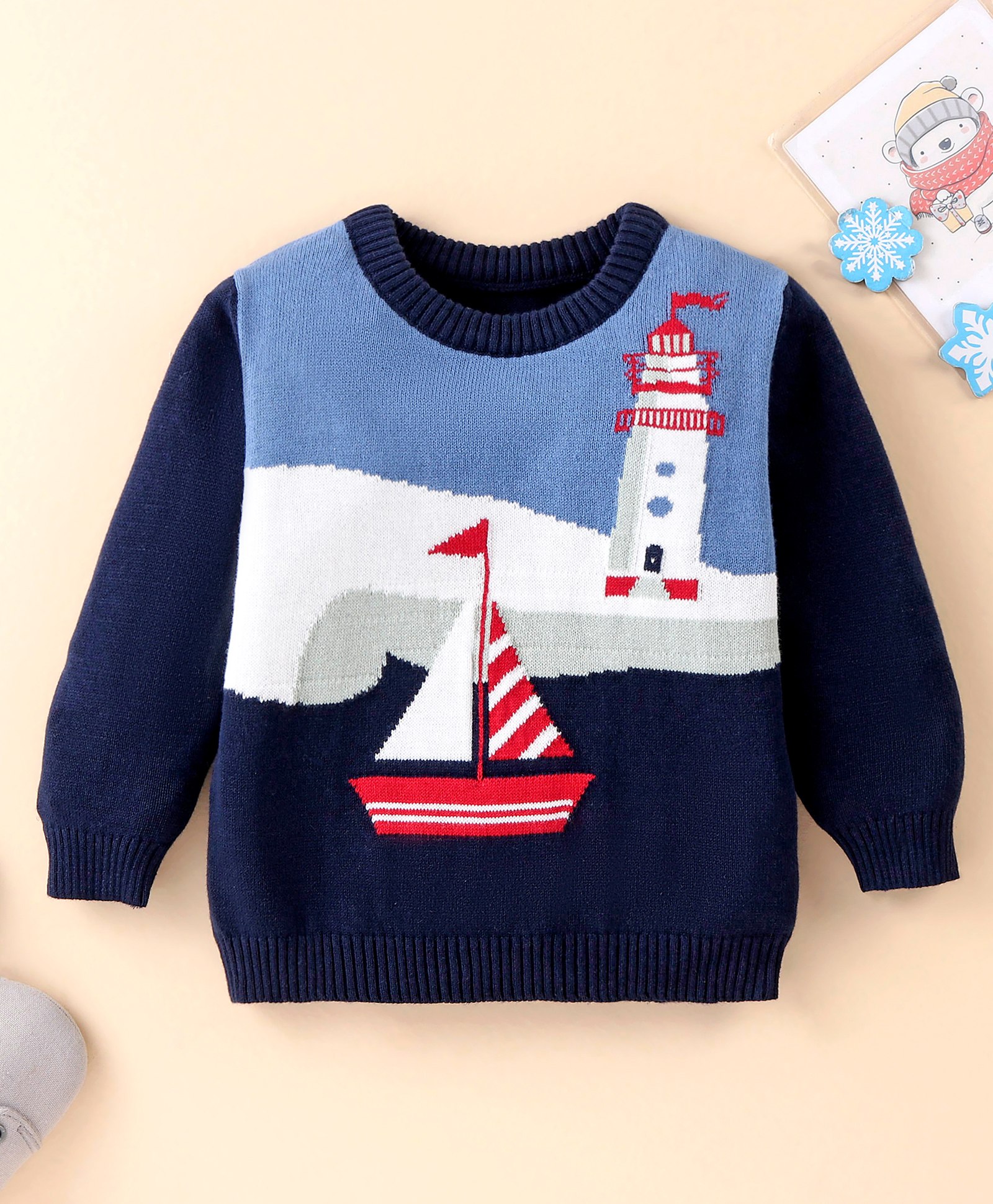ToffyHouse 100% Flatknitted Cotton Full Sleeves Pullovers Ship Design - Navy-picture-41