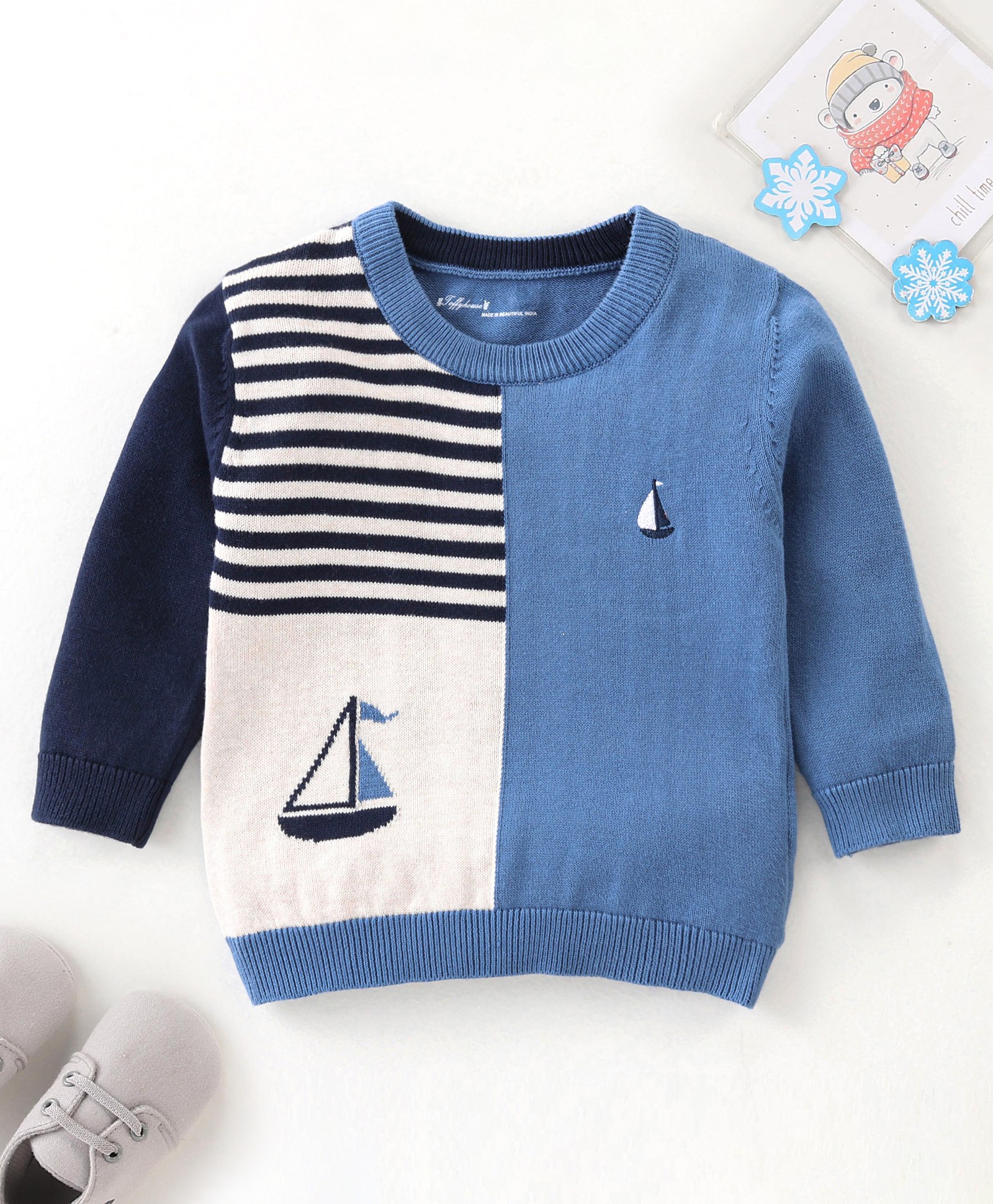 ToffyHouse Full Sleeves 100% Seamless Flatknitted Cotton Pullovers Sweater Color Block - Airforce-image-16