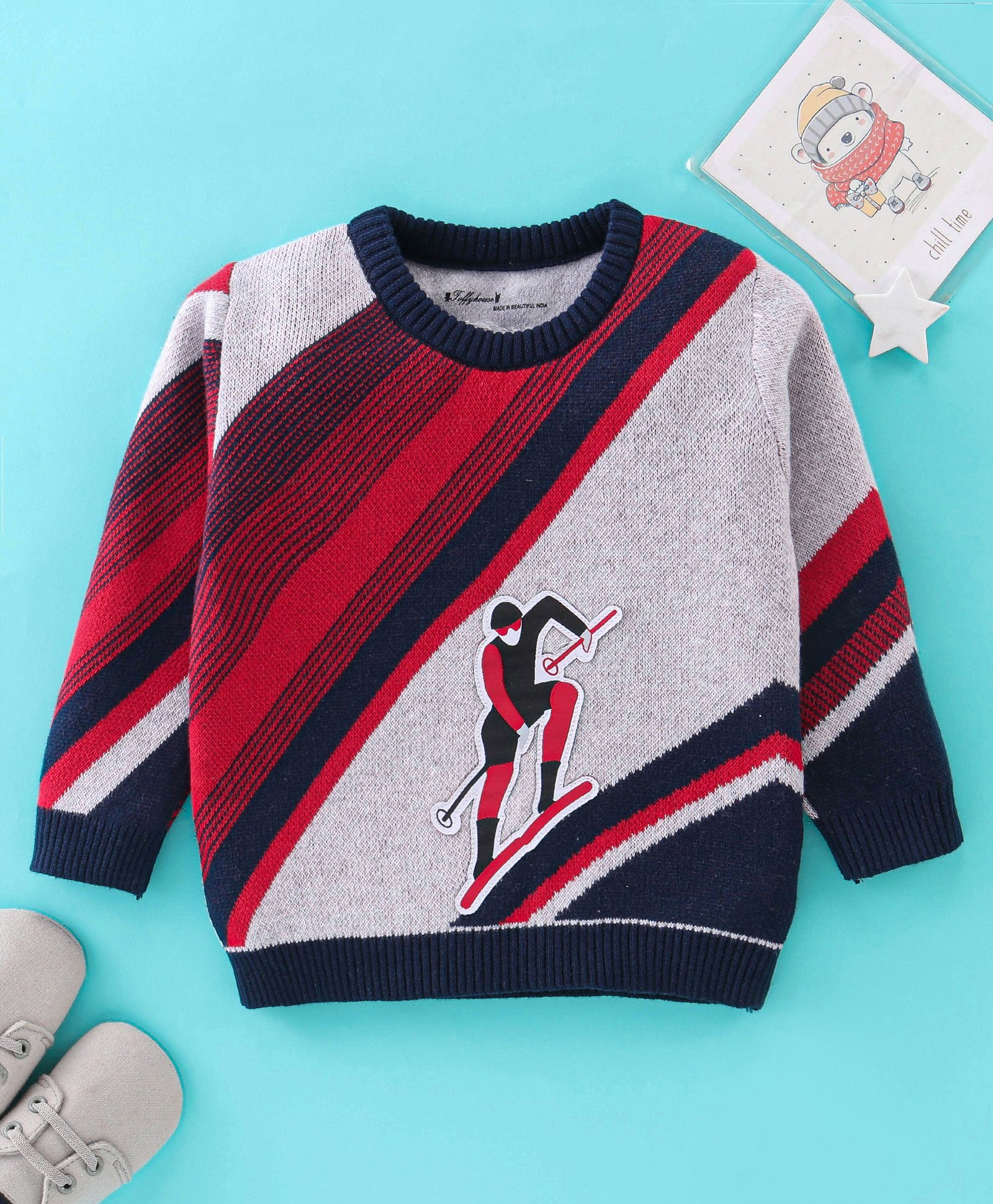 ToffyHouse Full Sleeves Sweater With Skiing Design - Red & Grey-image-20