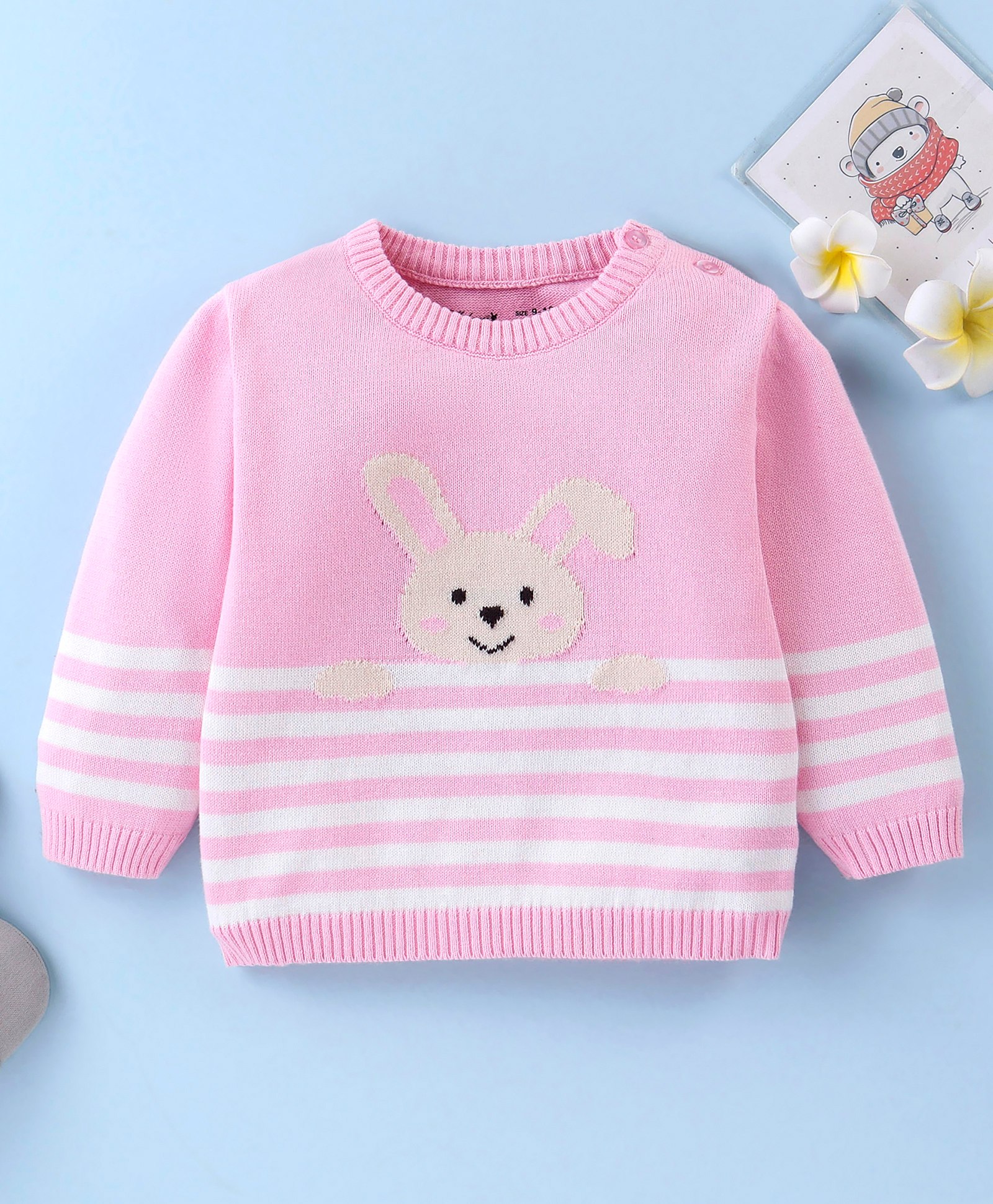 ToffyHouse 100% Flatknitted Cotton Full Sleeves Striped Pullover Bunny Design - Light Pink-image-18
