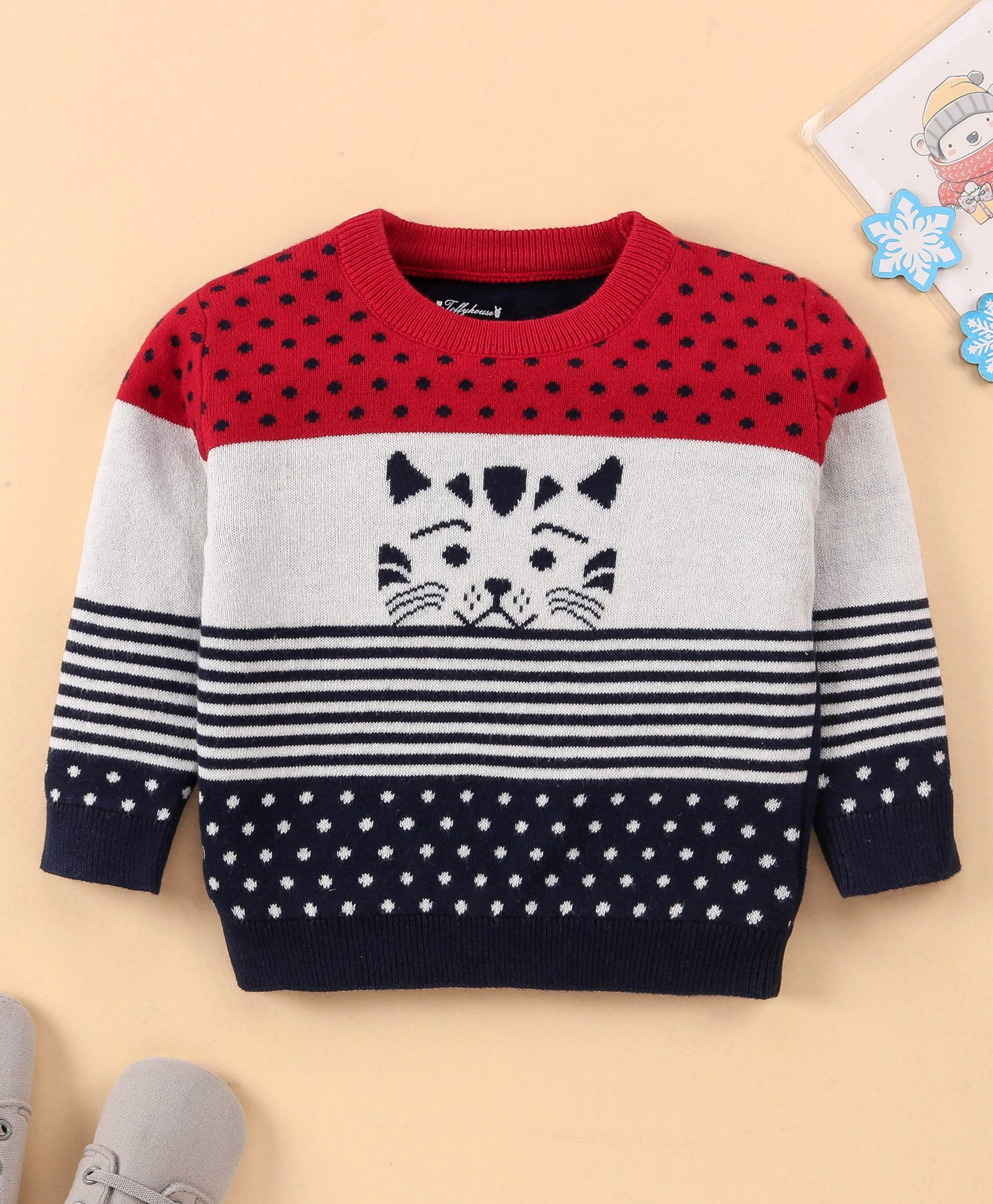 ToffyHouse 100% Cotton Full Sleeves Pullover Sweater with Kitty Design - Navy Blue & Red-image-39