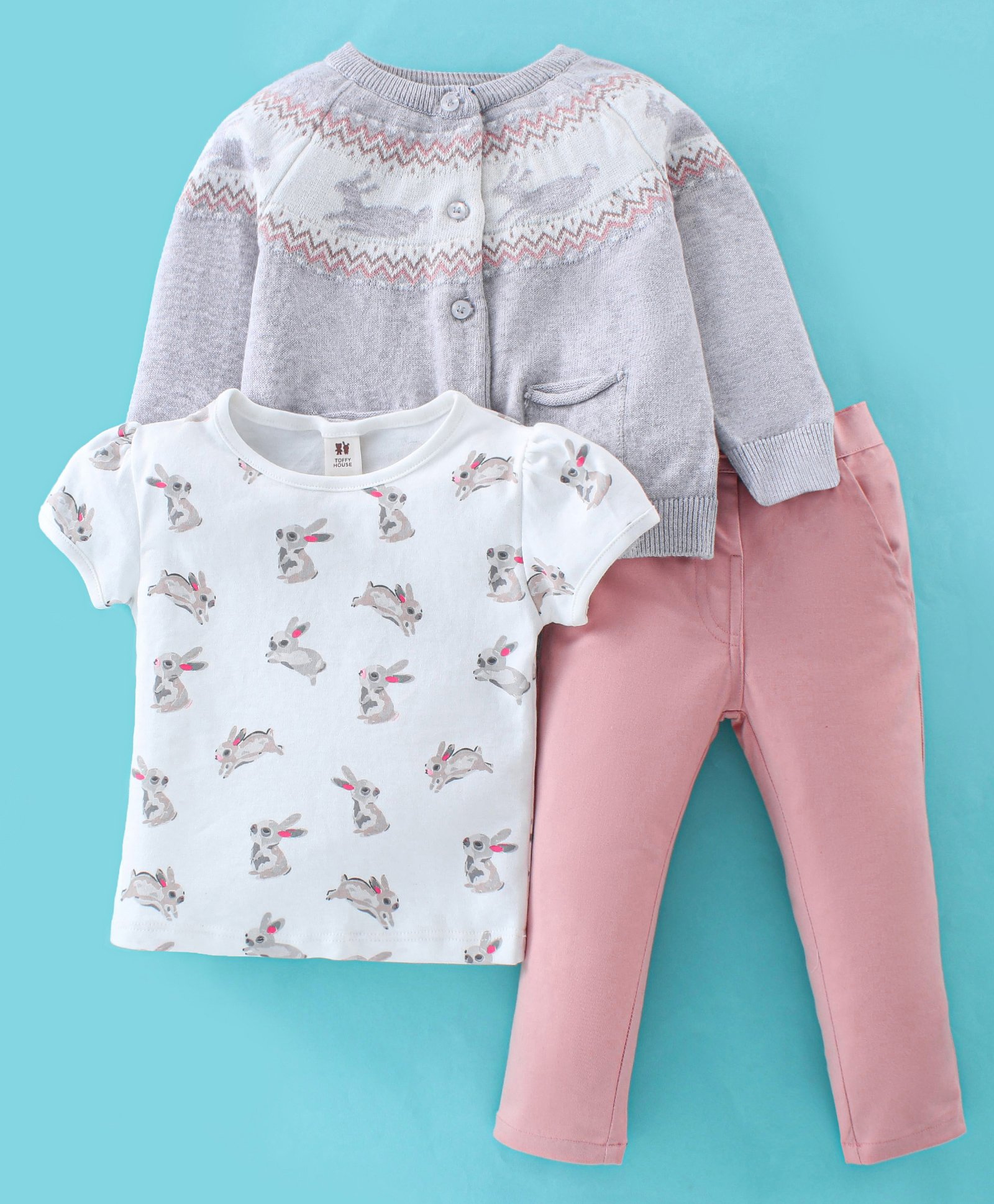 ToffyHouse Full Sleeves Winter Wear Suit Bunny Print - Grey & Pink-image-4