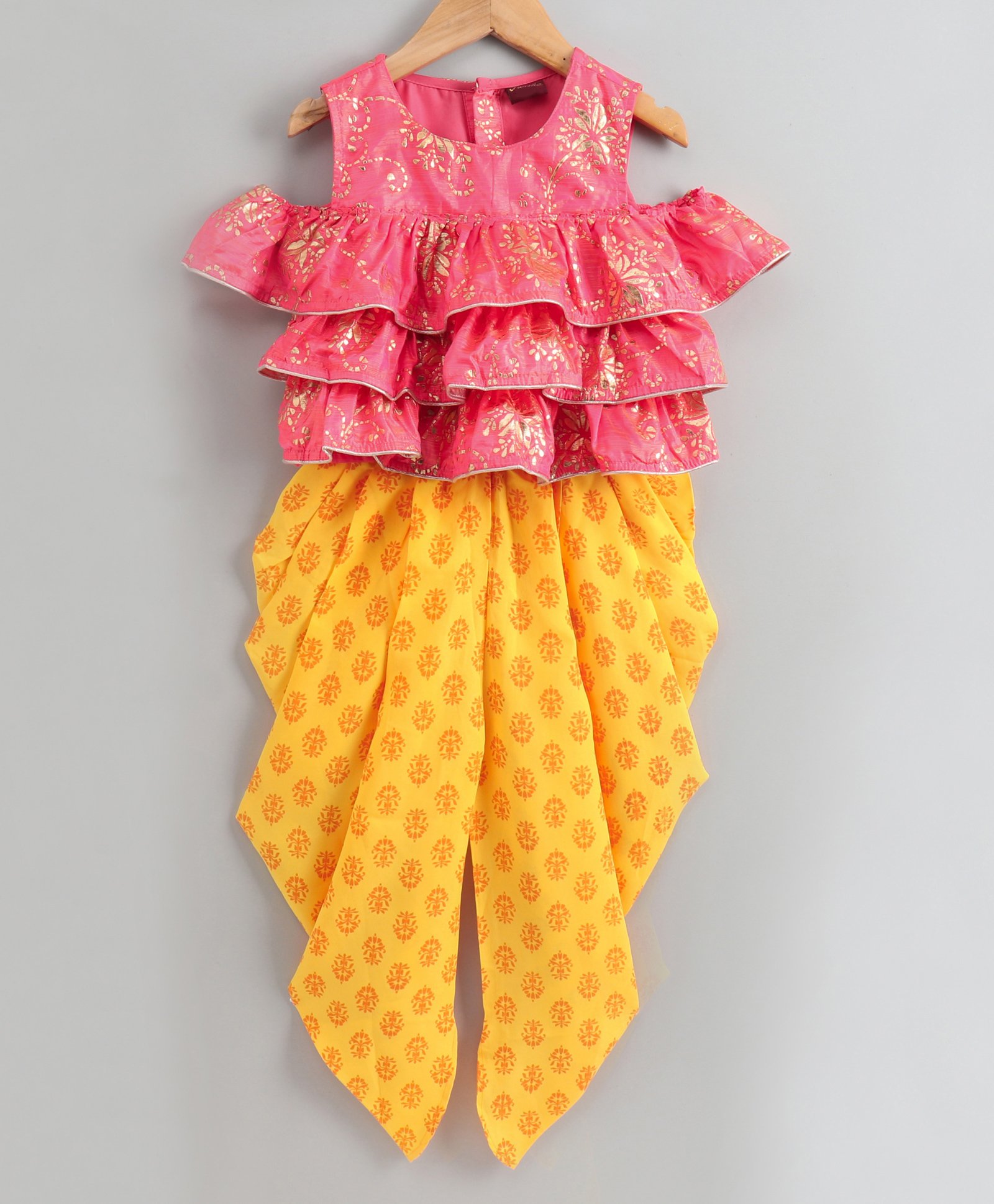 Twisha Cold Shoulder Half Sleeves Floral Foil Printed Layered Top  With Floral Motif Draped Dhoti - Peach & Yellow-image-22