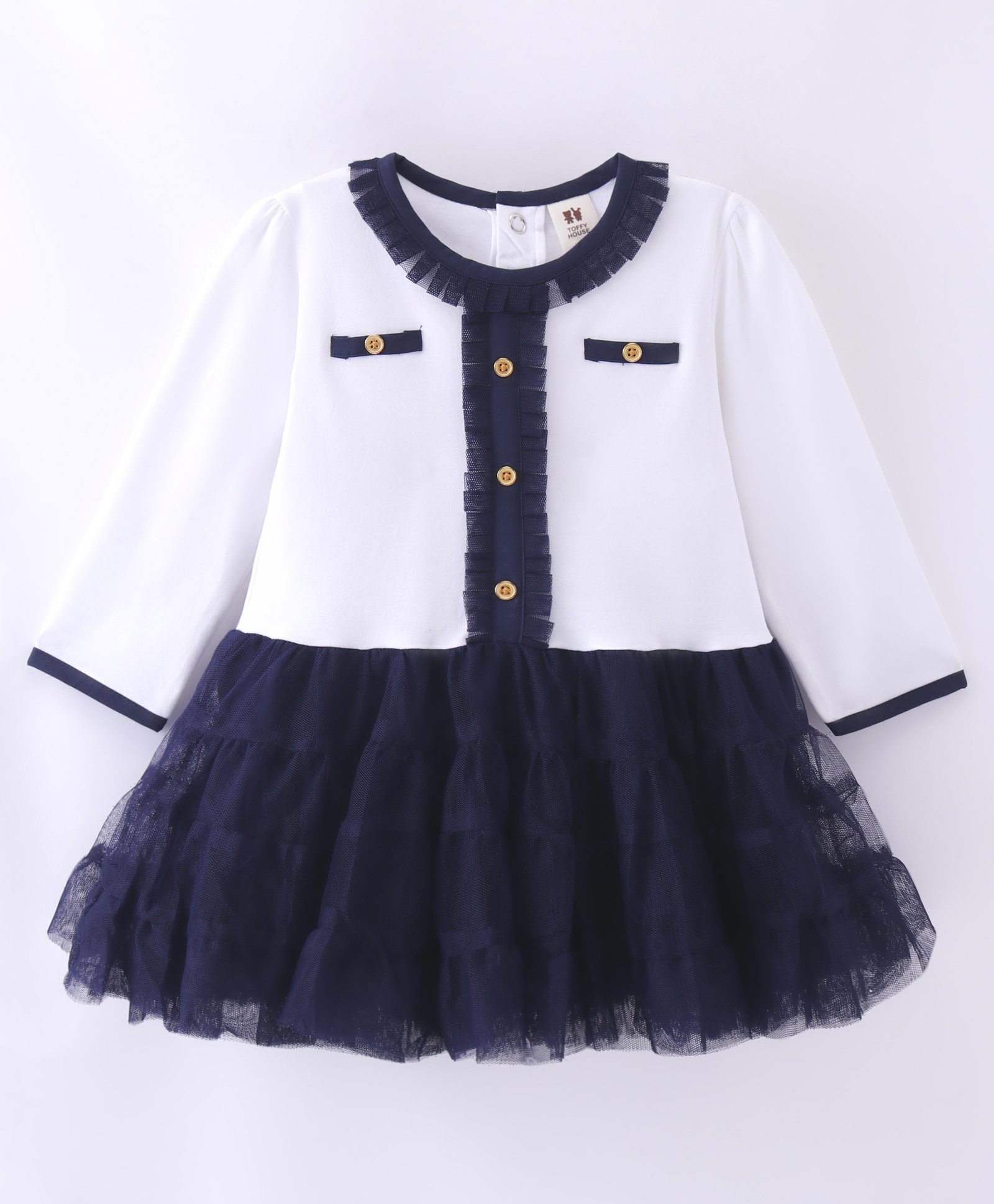 ToffyHouse Cotton Interlock Supercombed Full Sleeves Party Frock With Frill Detailing - White-picture-13