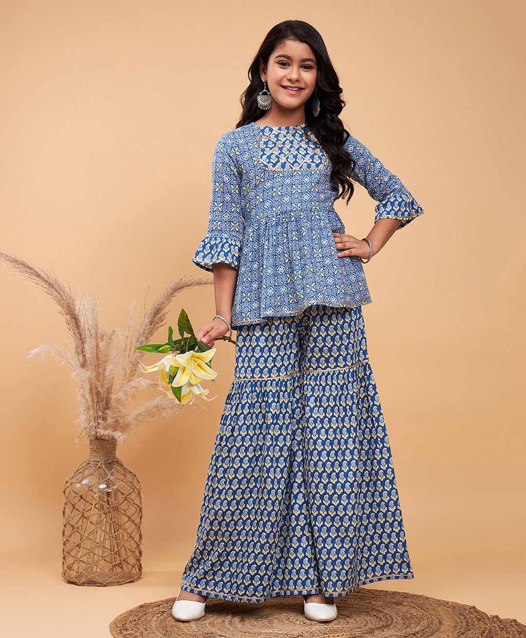 stylobug Stylo Bug Three Fourth Bell Sleeves Ethnic Tiles Style Printed & Paisley Designed Kurta With Sharara - Blue-picture-30
