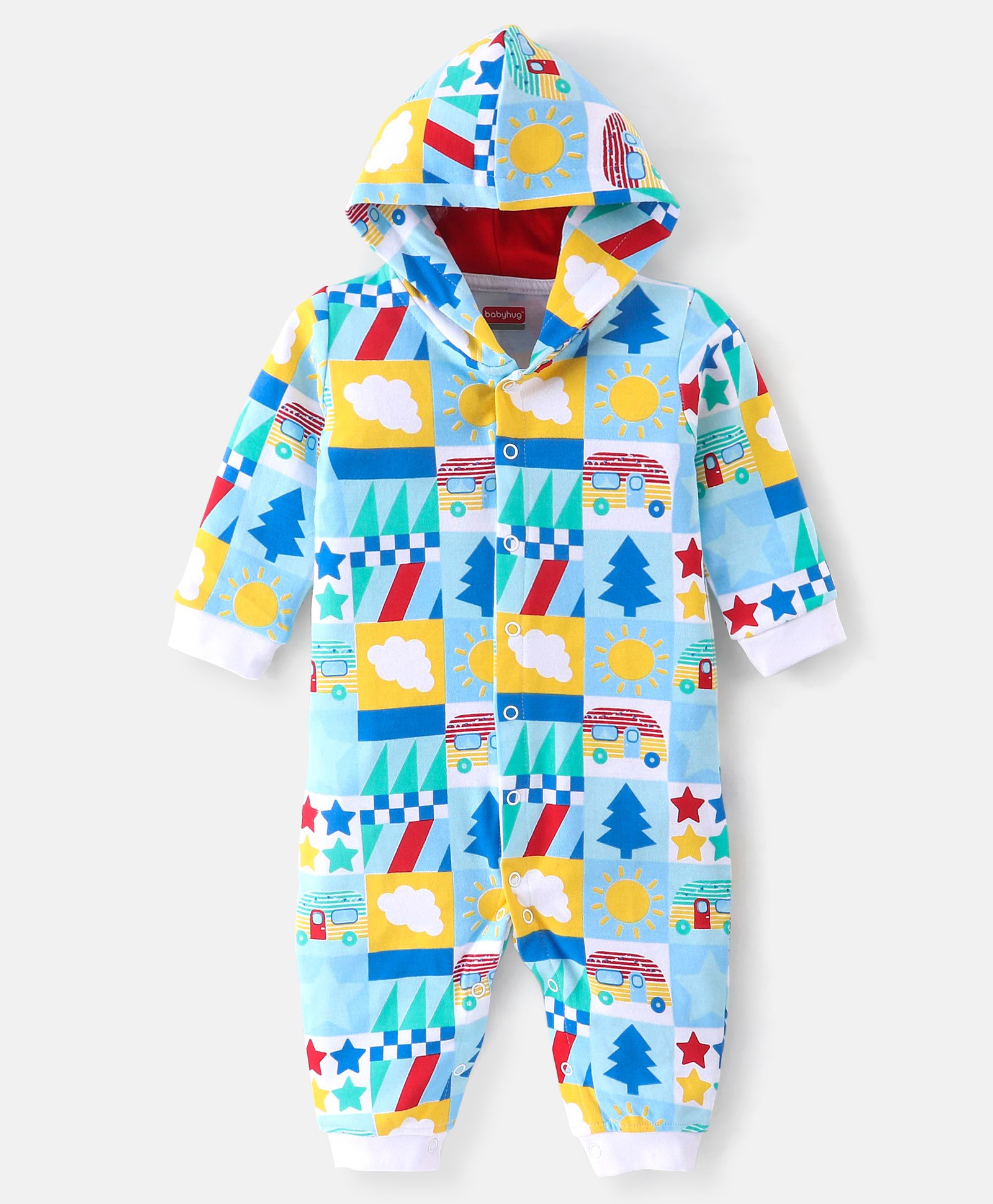 Babyhug 100% Cotton Knit Full Sleeves Hooded Romper Scenery Print - Blue-image-18