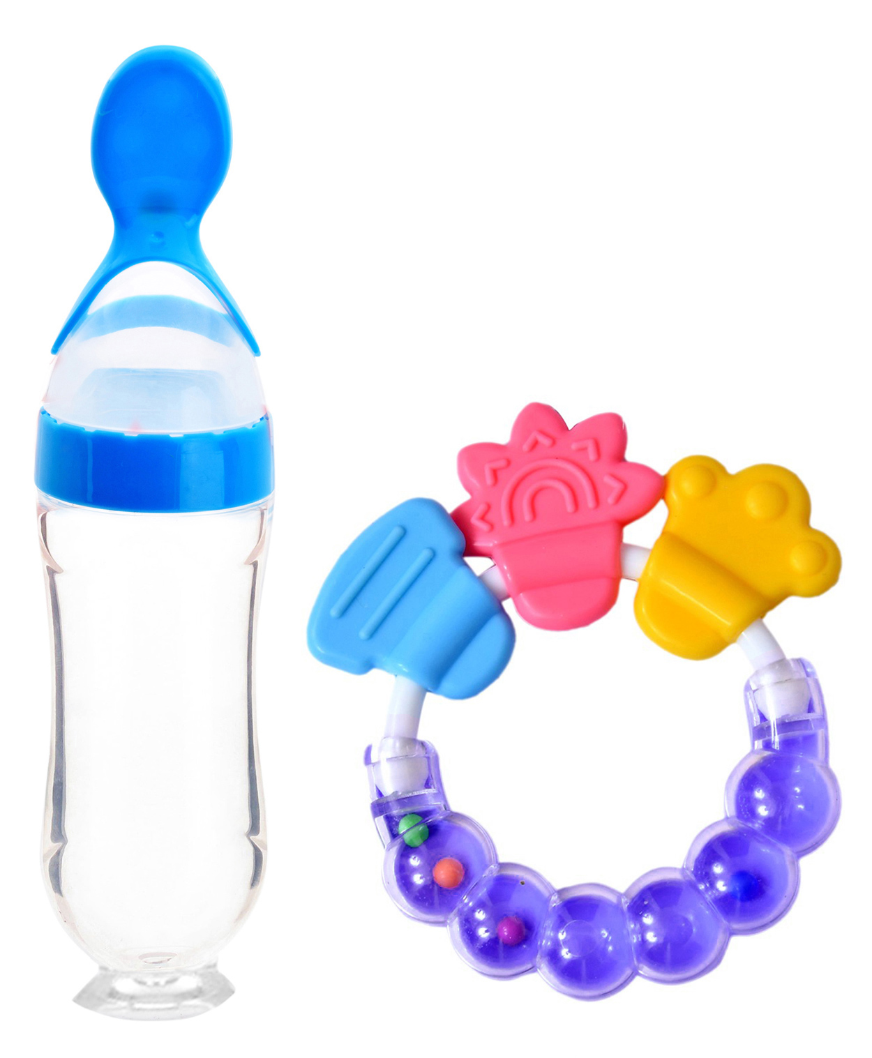 Domenico Silicone Squeezy Food Feeder Bottle With Spoon & Rattle Teether - Blue-picture-18