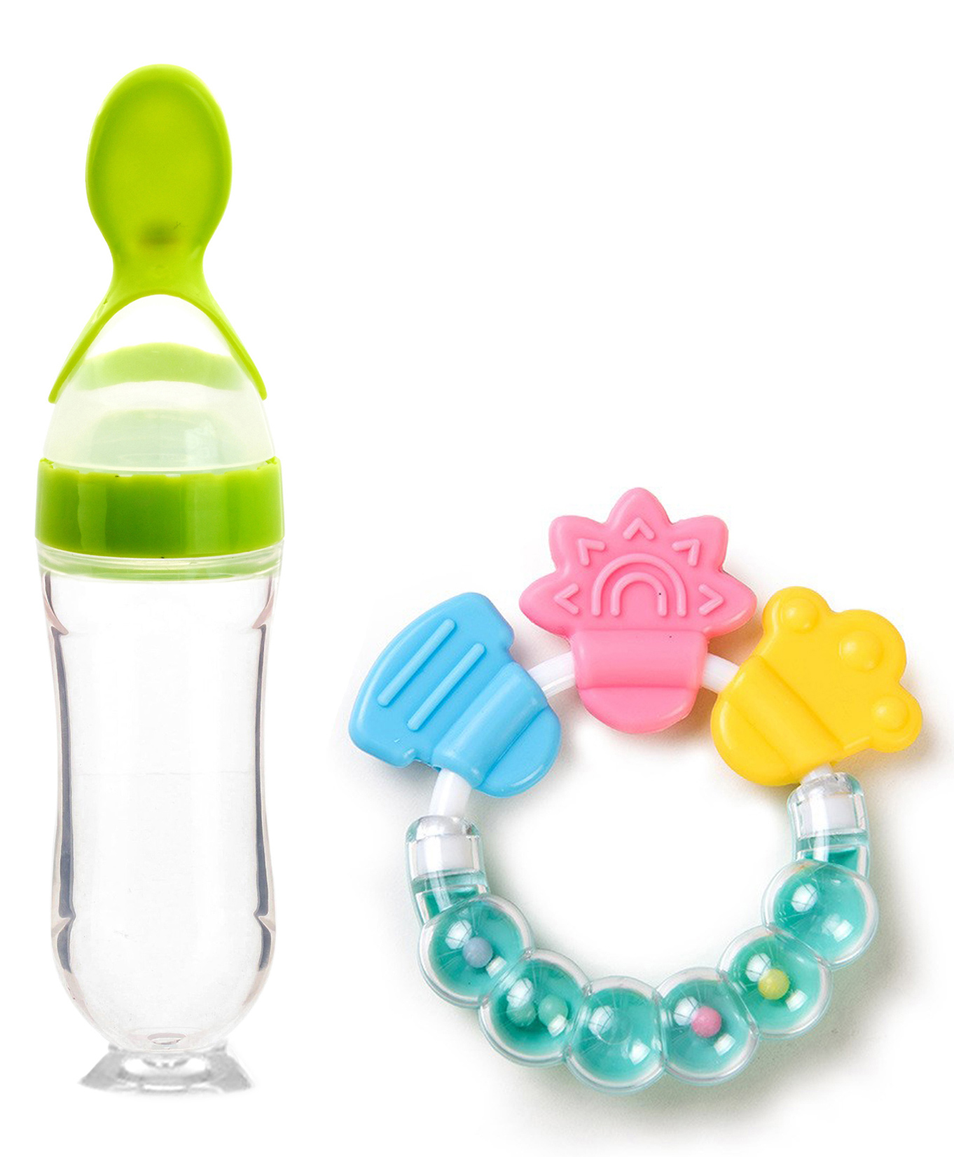 Domenico Silicone Squeezy Food Feeder Bottle With Spoon & Rattle Teether - Green-picture-19