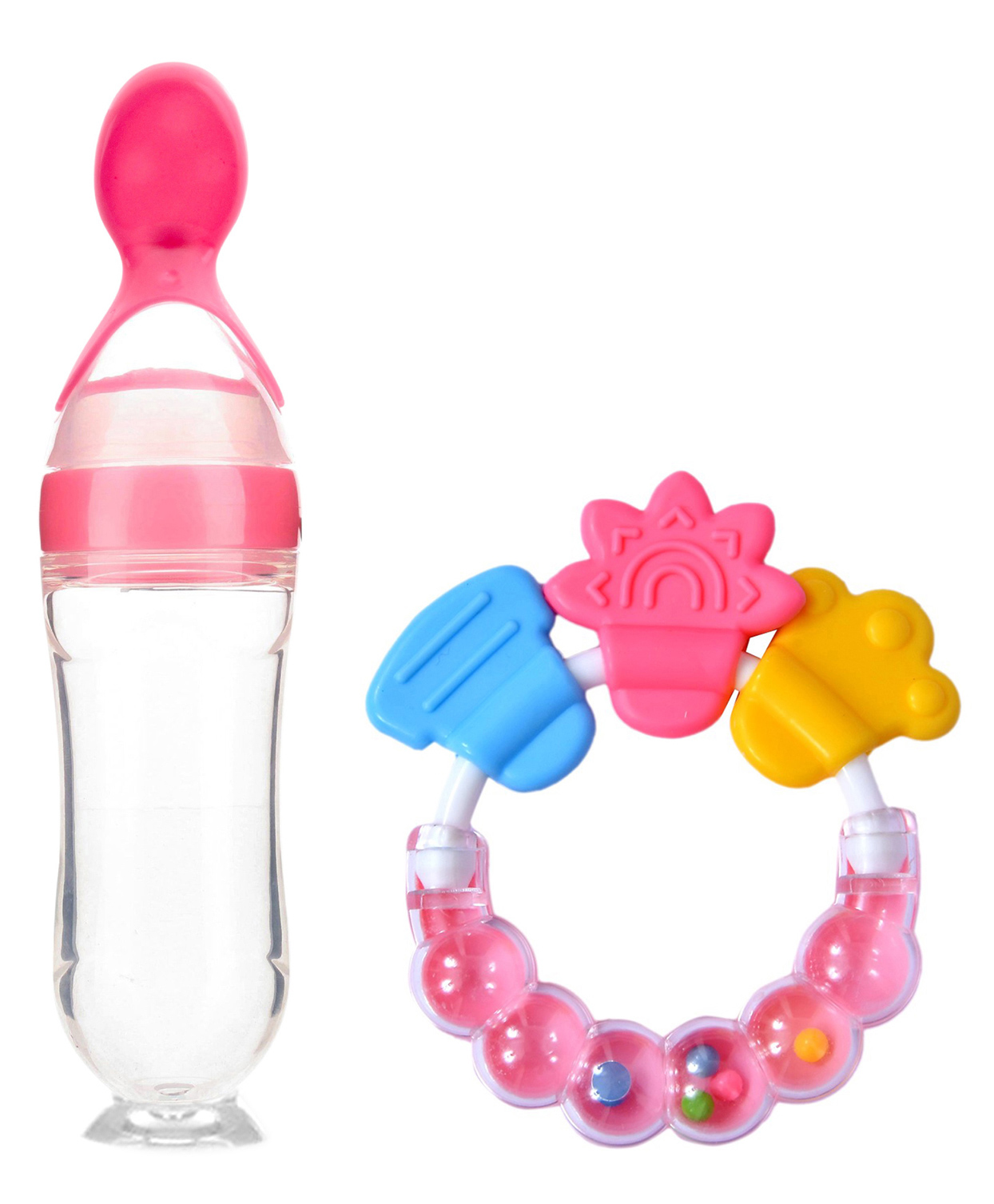 Domenico Silicone Squeezy Food Feeder Bottle With Spoon & Rattle Teether - Pink-picture-17