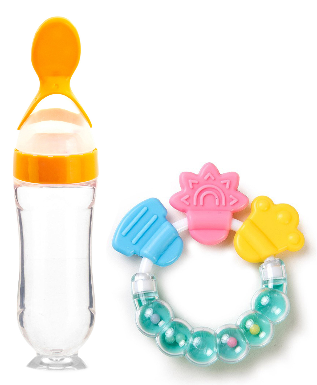 Domenico Silicone Squeezy Food Feeder Bottle With Spoon & Rattle Teether - Yellow-picture-20