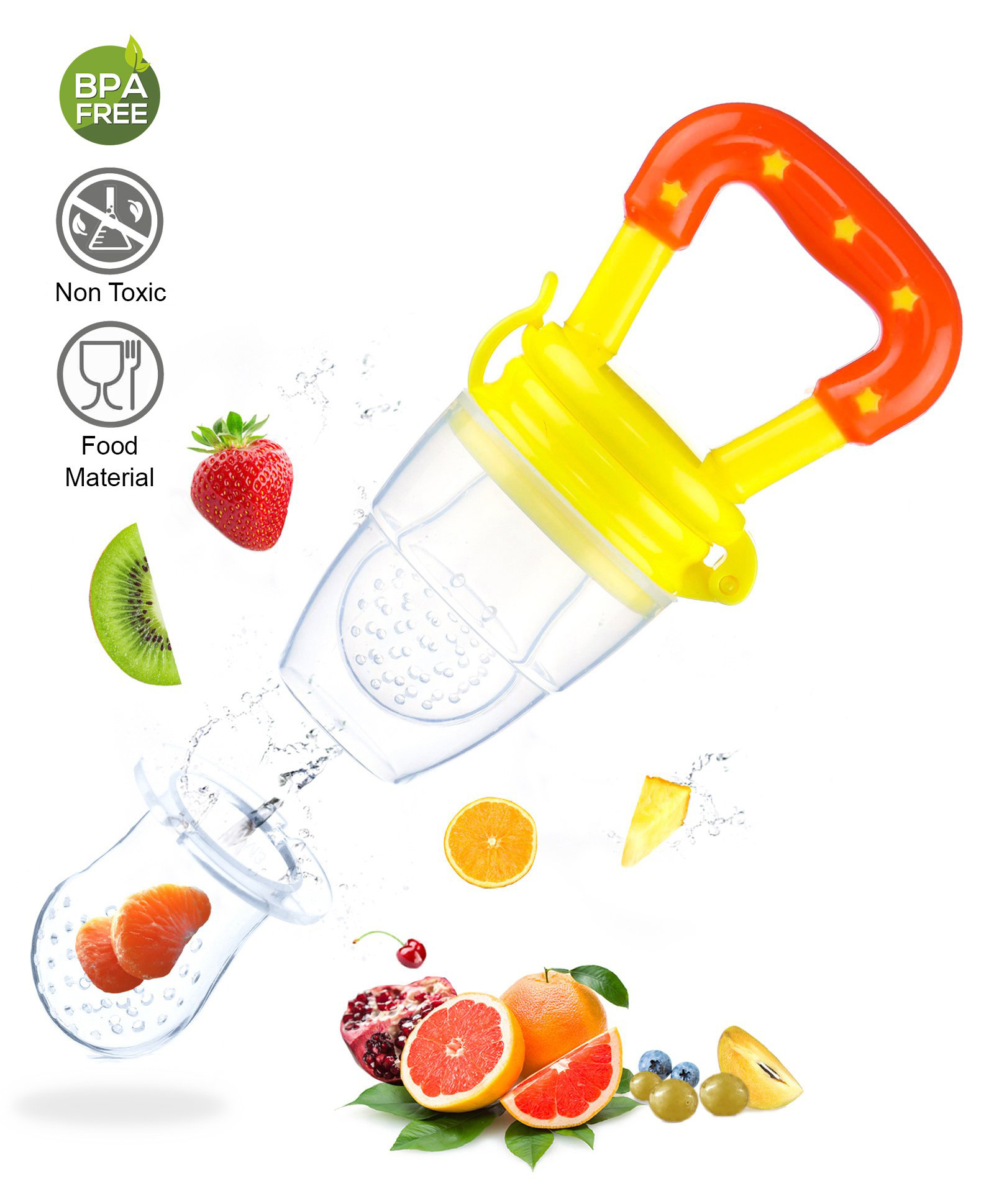 DOMENICO BPA Free Food Grade Plastic Food Nibbler Fruit Food Feeder Pacifier Nibbler with Silicone Mesh Soother for Babies Kids Toddlers - Yellow-picture-12