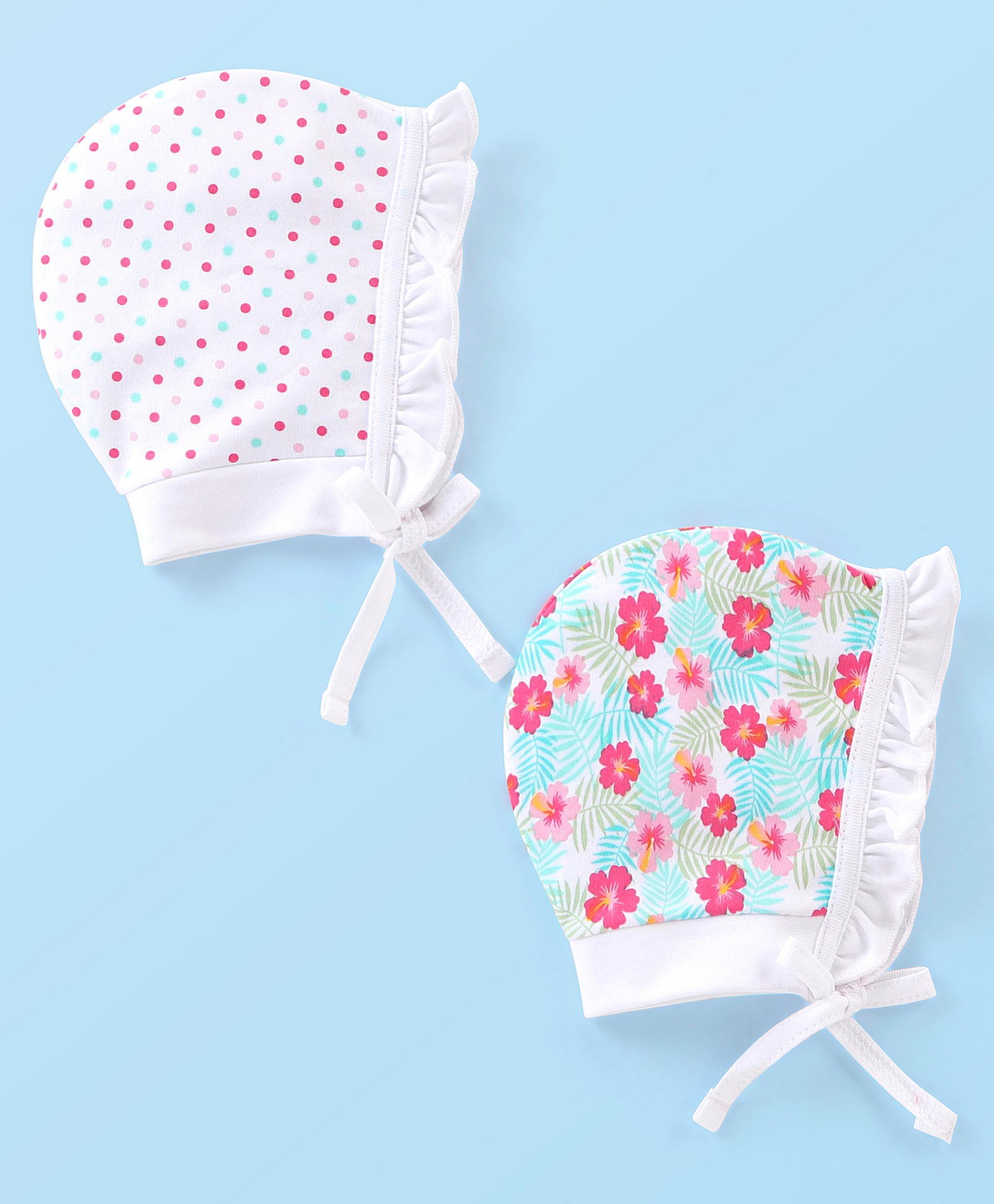 Babyhug 100% Cotton Knit Floral & Polka Dots Printed Cap Pack of 2- Multicolour-image-18