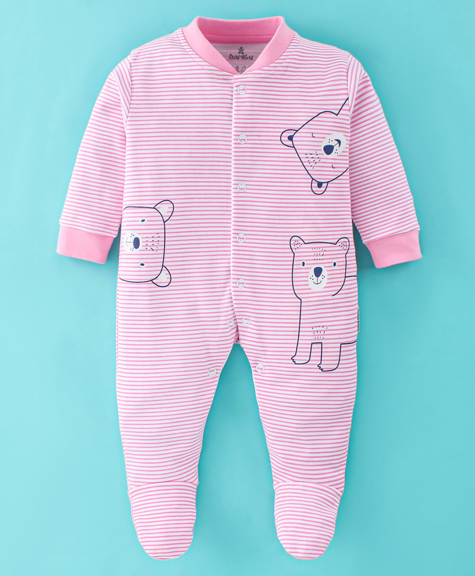Child World Cotton Interlock Full Sleeves Striped & Bear Printed Footed Sleep Suit - Pink-picture-14