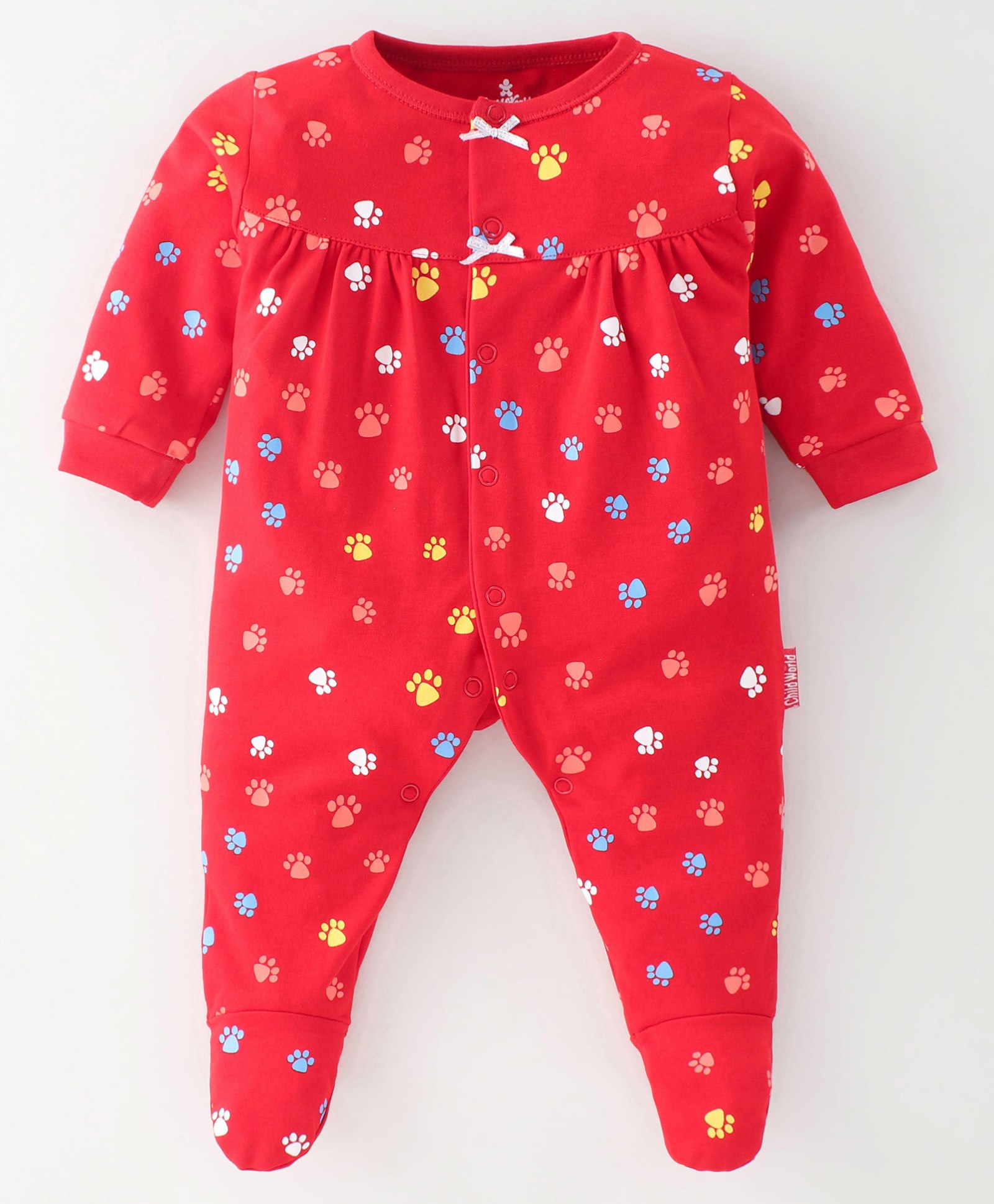 Child World Cotton Interlock Full Sleeves Paw Printed Footed Sleep Suit - Red-picture-42