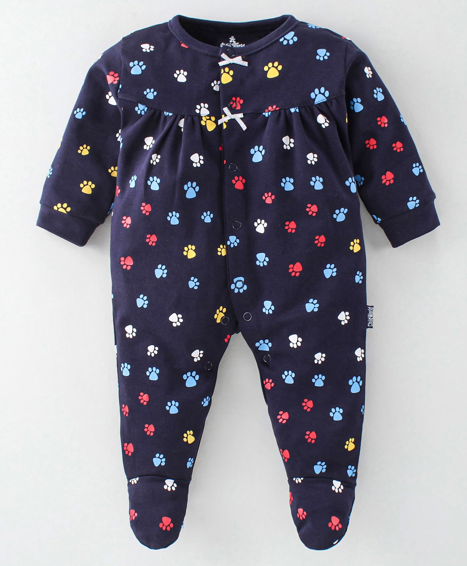 Child World Cotton Interlock Full Sleeves Paw Printed Footed Sleep Suit - Navy Blue-image-19