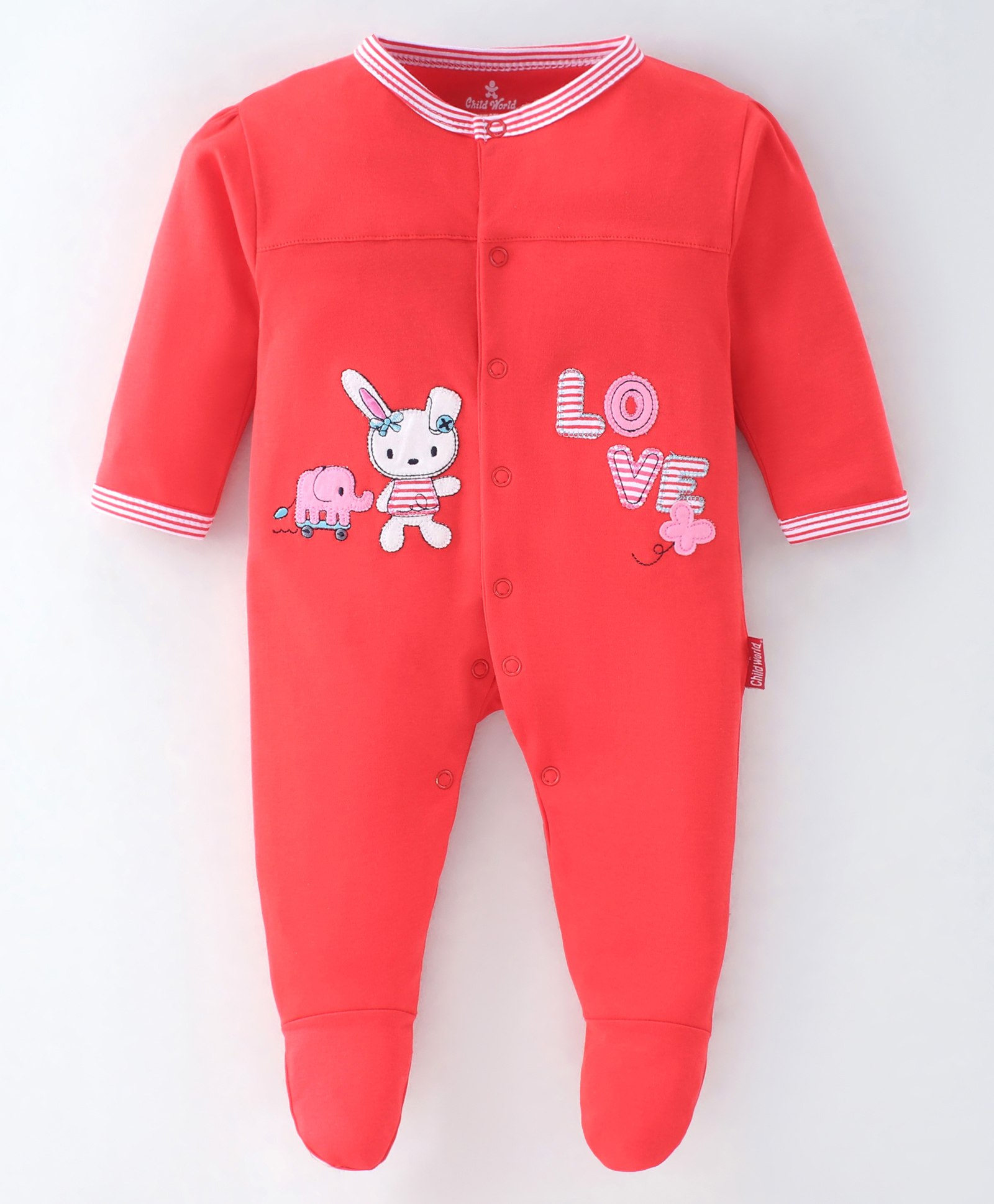 Child World Cotton Interlock Full Sleeves Text & Bunny Patch Footed Sleep Suit - Red-image-17