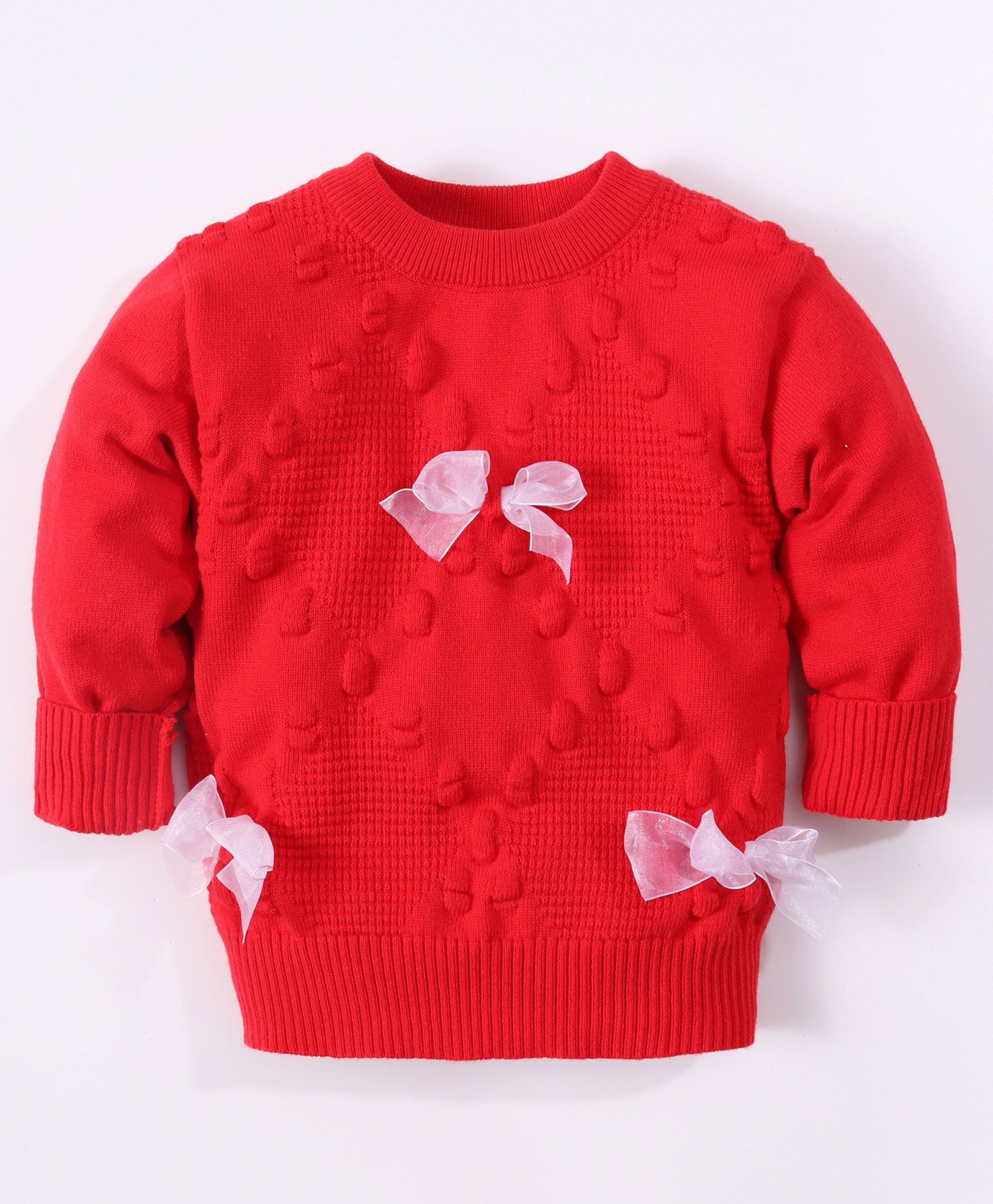 Kookie Kids Full Sleeves Pullover Sweater with Bow Applique - Red-image-16