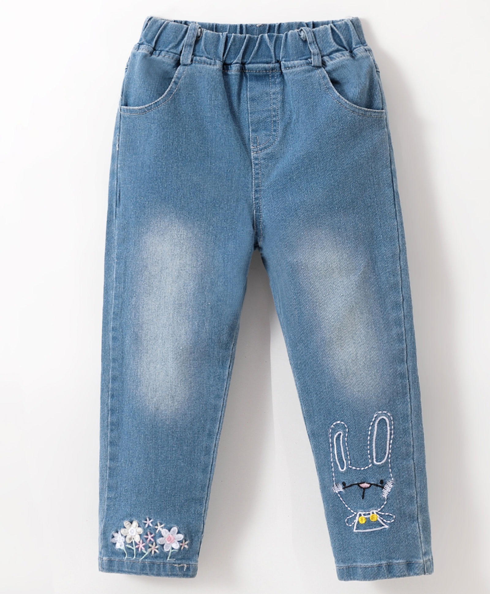 Kookie Kids Denim Full Length Jeans With Bunny Embroidery- Blue-image-16