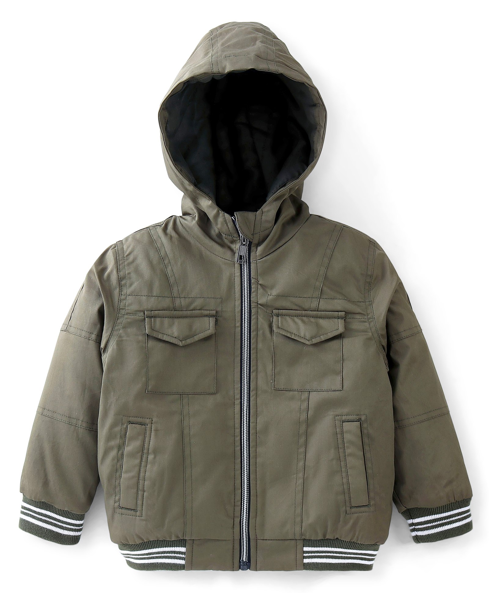 Babyhug Full Sleeves Solid Colored Hooded Bomber Jacket with Pockets - Olive-image-20