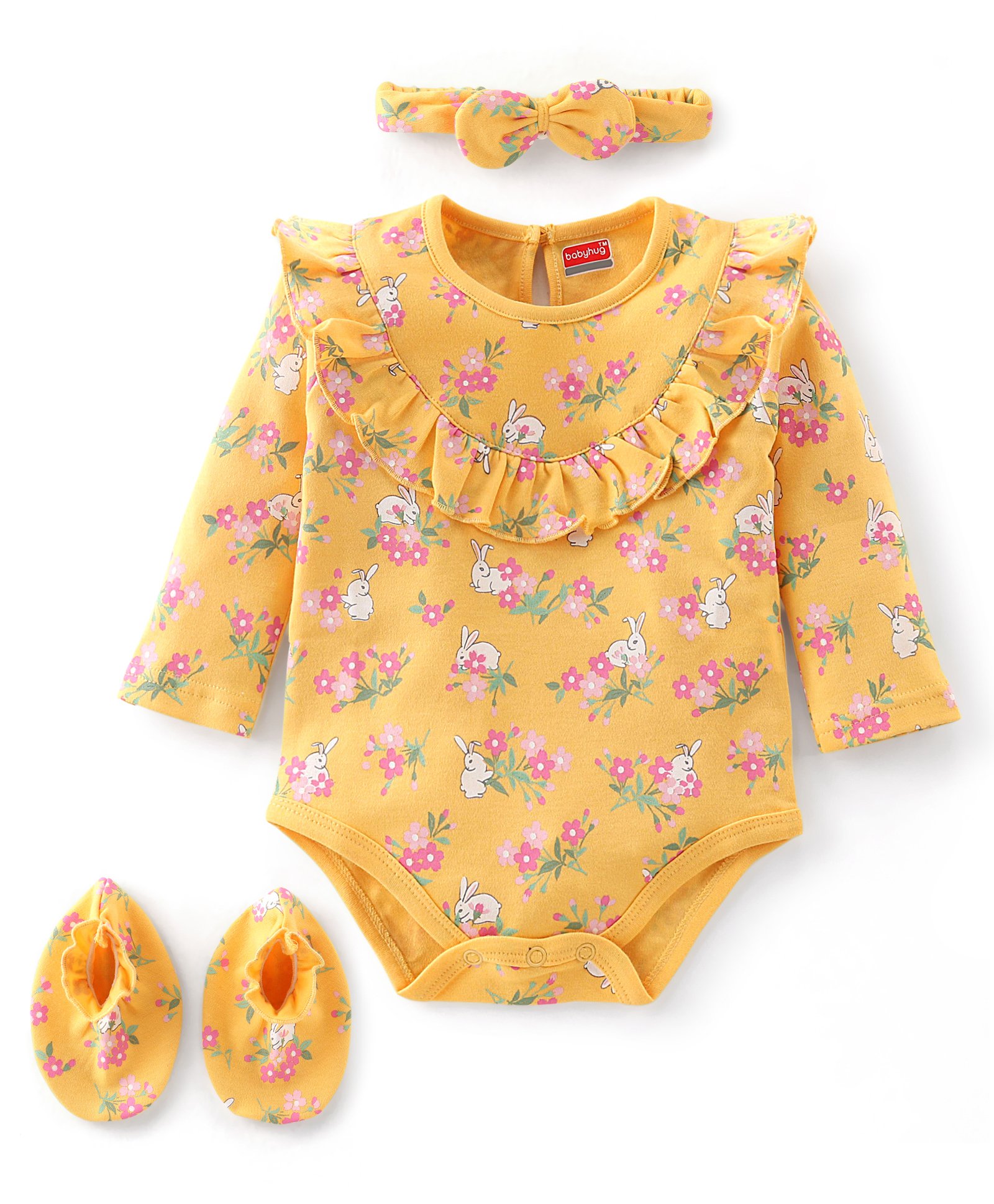 Babyhug 100% Cotton Knit Full Sleeves Floral Printed Onesie with Headband & Booties - Yellow-image-20