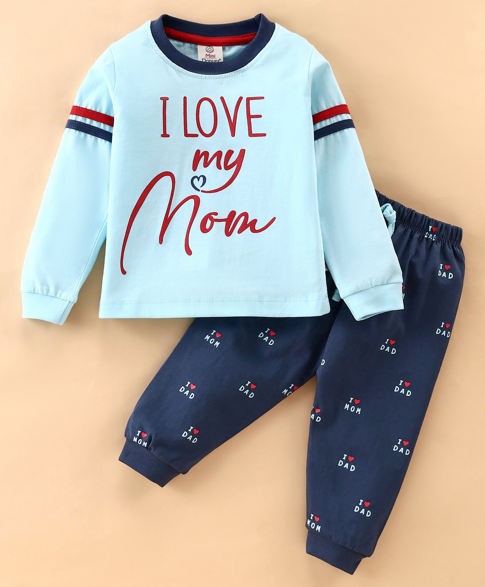 Mini Donuts Cotton Knit Full Sleeves Text Printed Night Suit - Blue-image-31