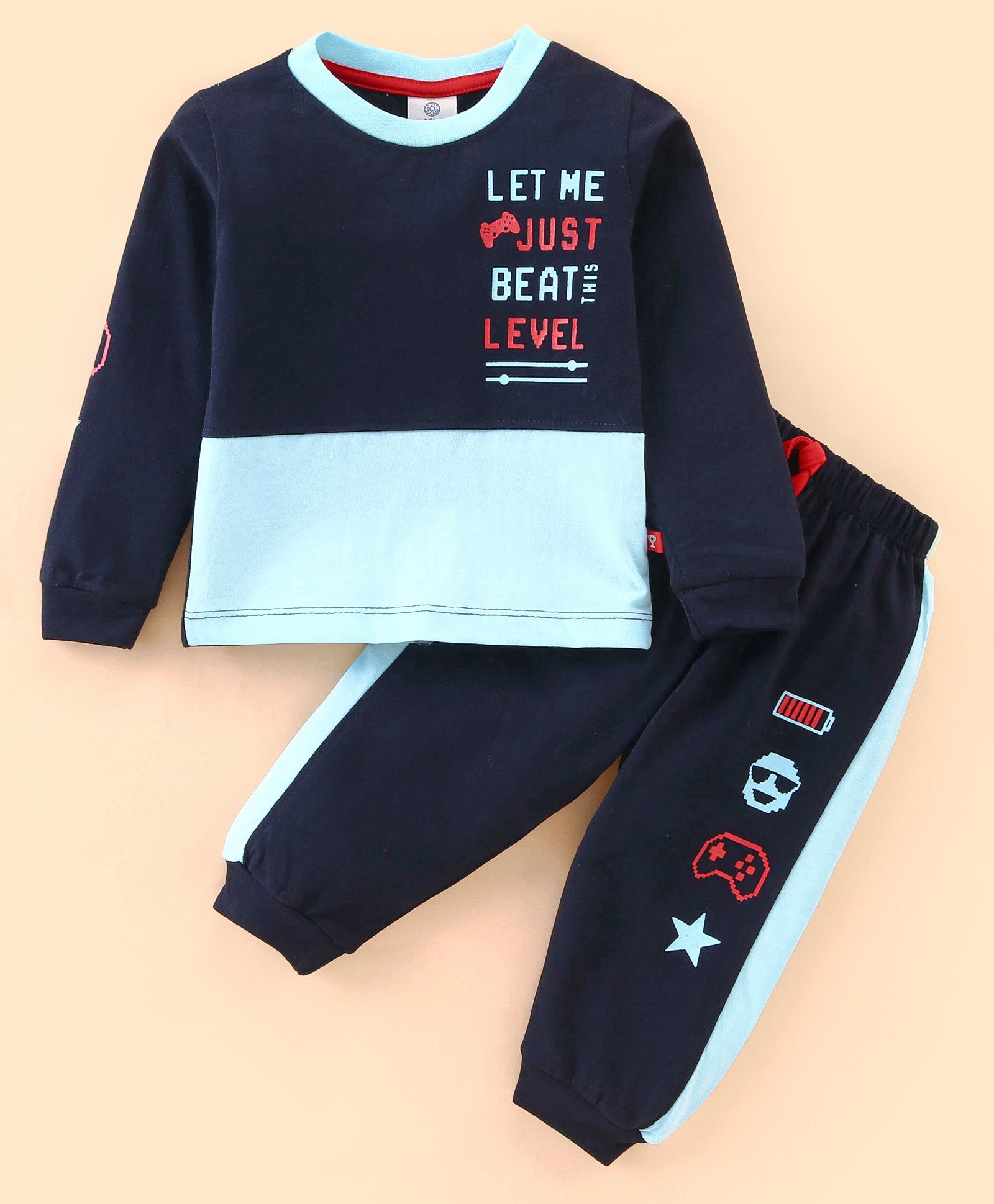 Mini Donuts Cotton Knit Full Sleeves Text Printed Night Suit - Blue-image-42