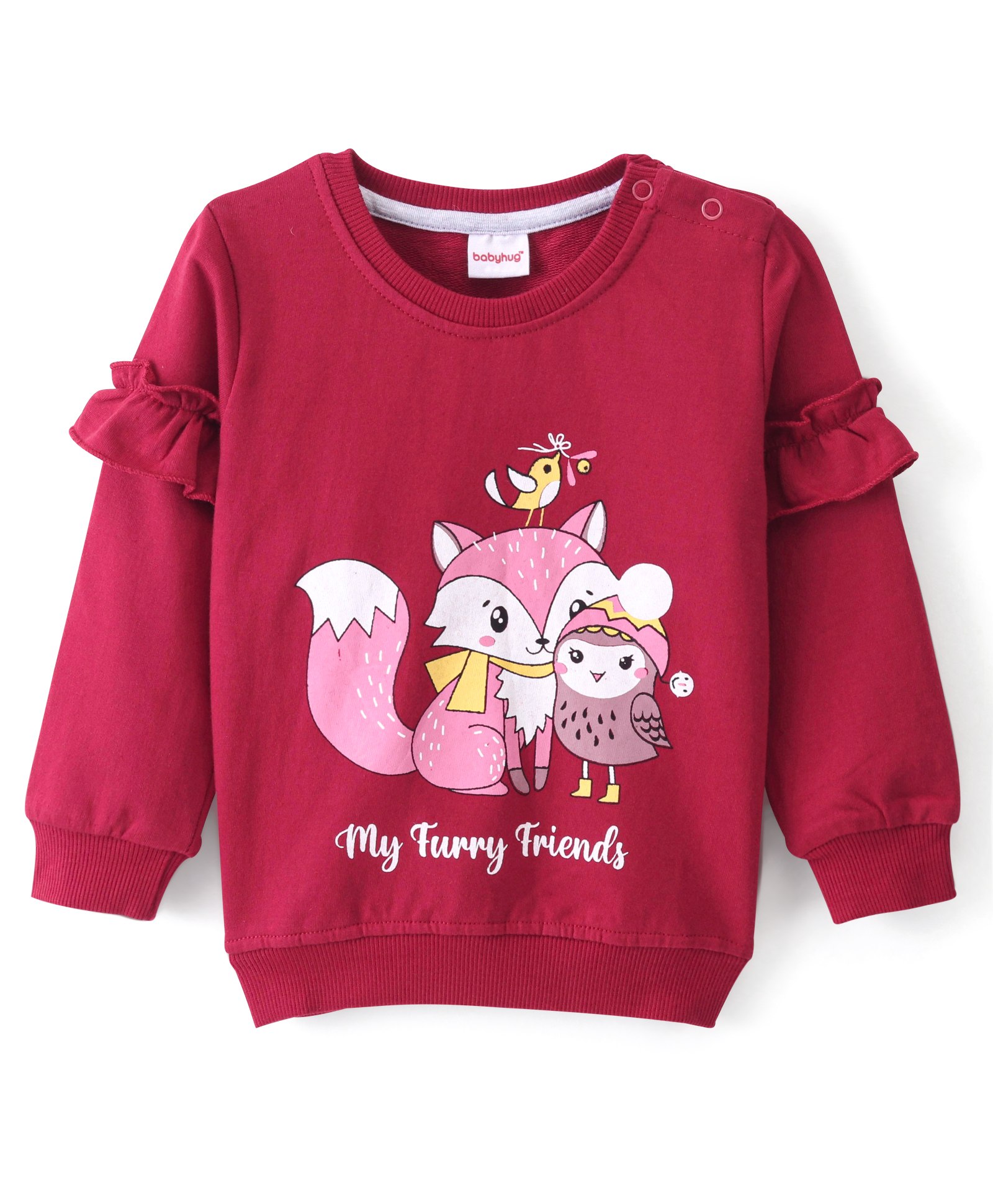 Babyhug Cotton Full Sleeves Sweatshirt with Fox Printed & Frill Detailing - Maroon-image-47