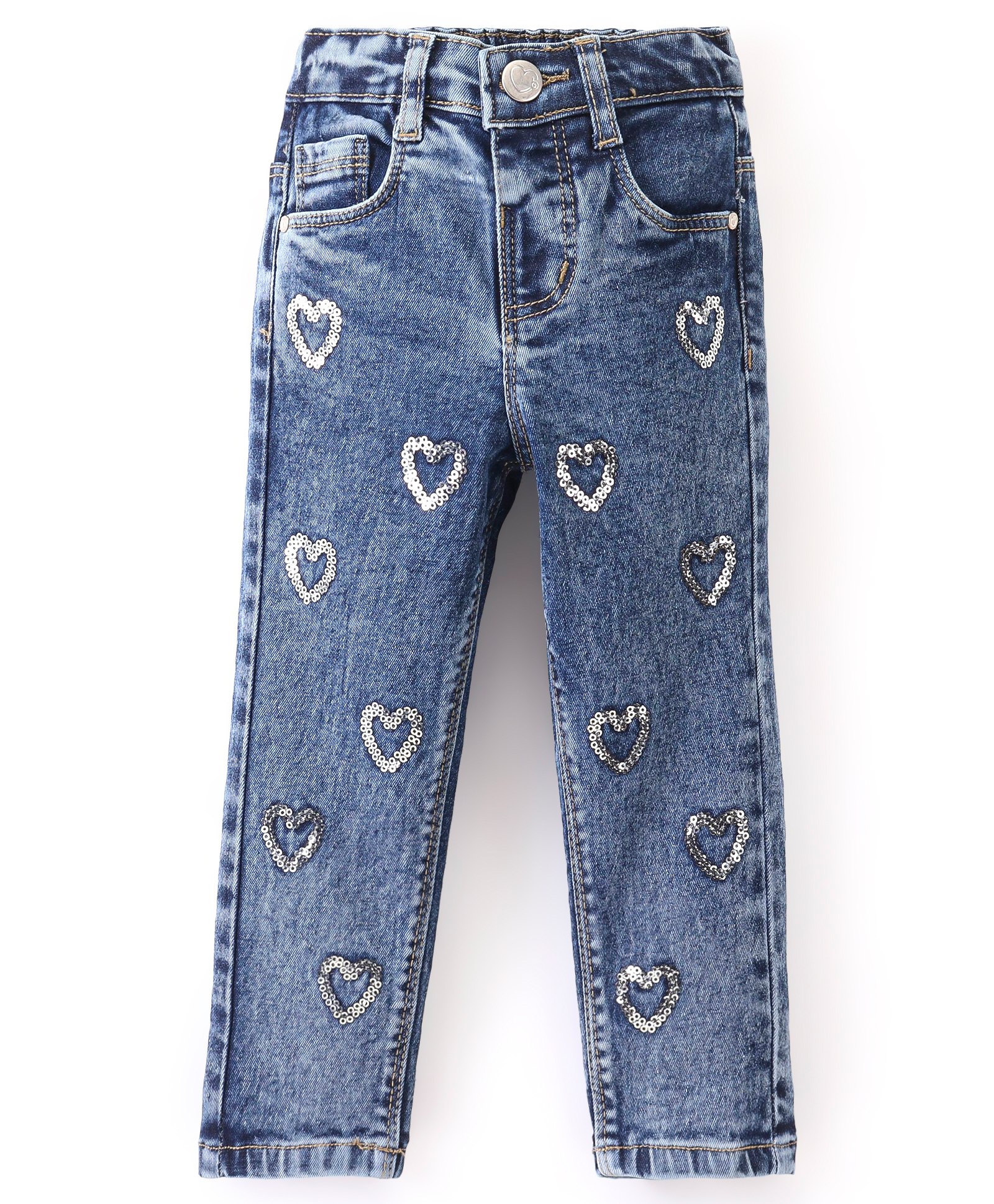 Babyhug Denim Full Length Stretchable Washed Jeans With Heart Sequine Detailing - Blue-picture-14