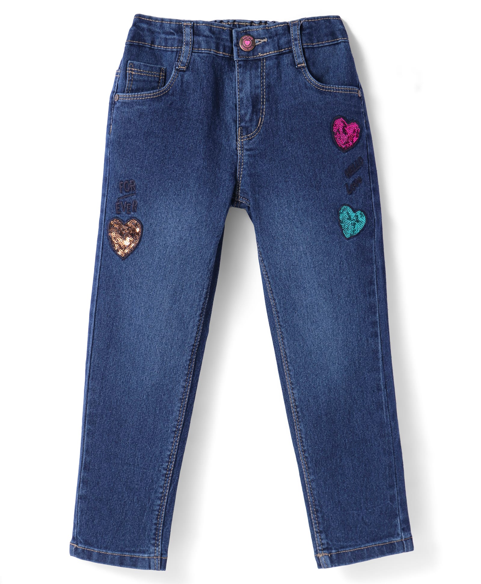 Babyhug Denim Full Length Sequins Detailing & Washed Stretchable Jeans - Blue-picture-24