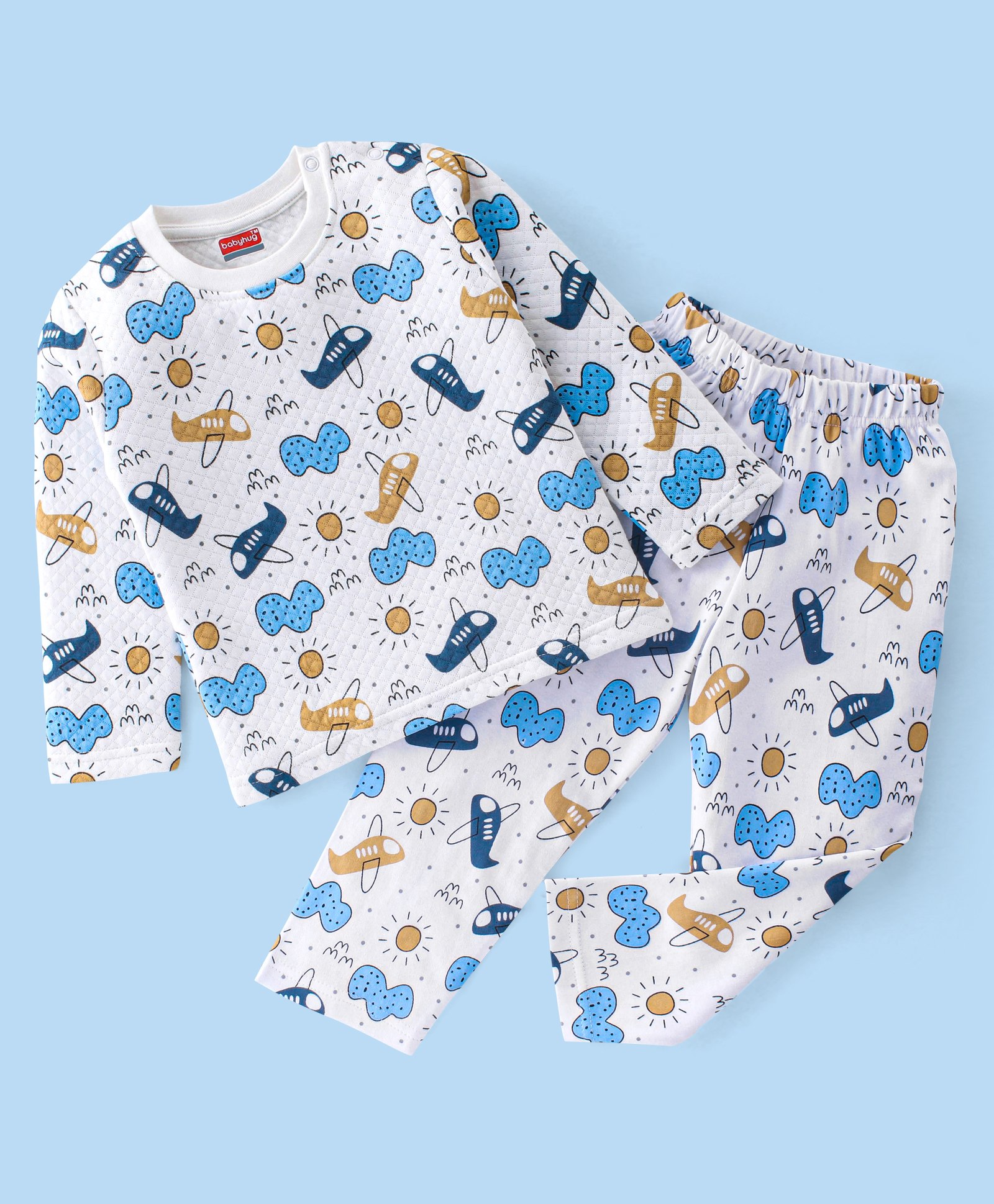 Babyhug Interlock Full Sleeves Winterwear Nightsuit with Aeroplane Printed - White-image-11