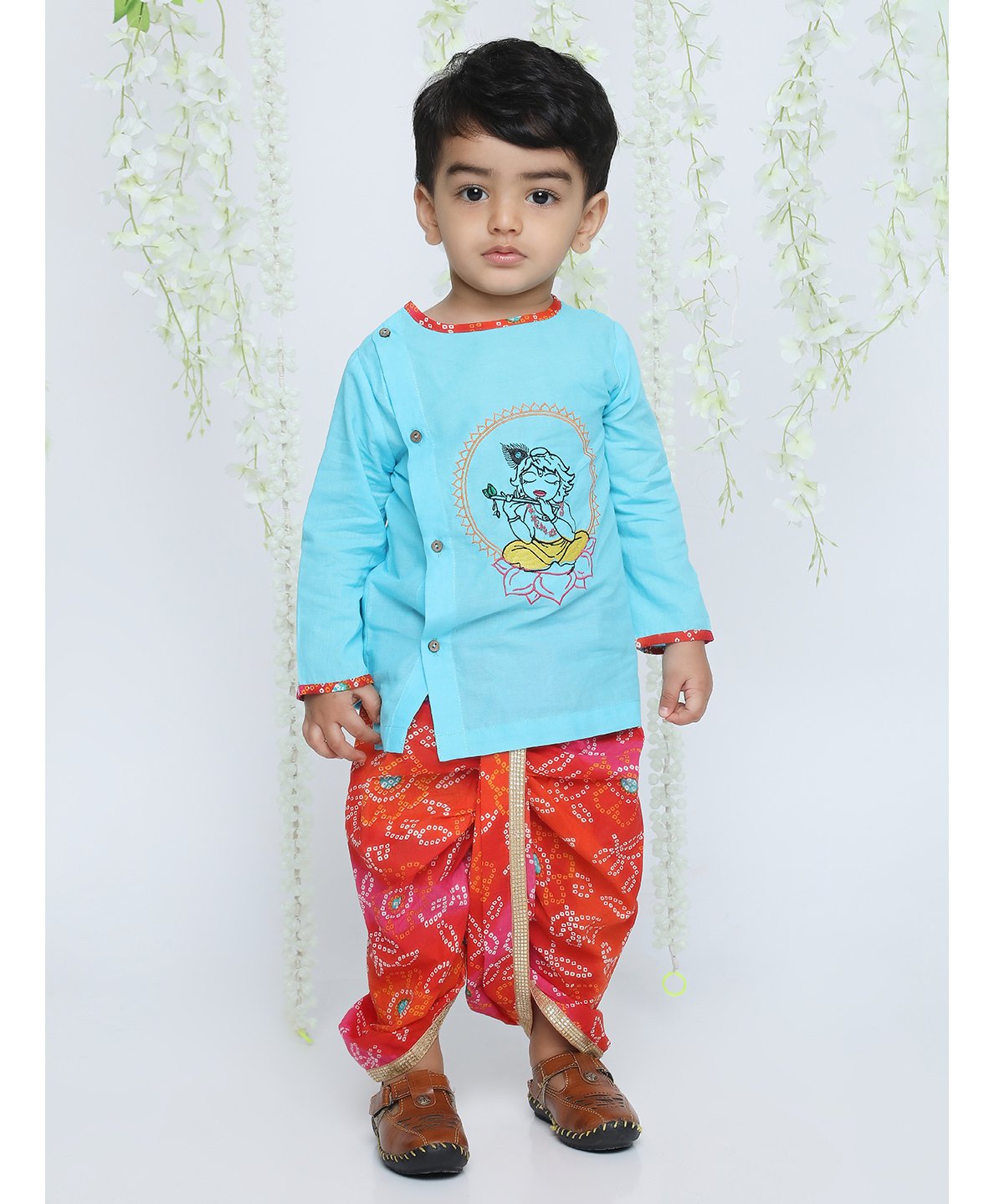KID1 Janmashtami Theme Full Sleeves   Krishna Printed Kurta & Bandhej Printed Dhoti - Sky Blue-image-30
