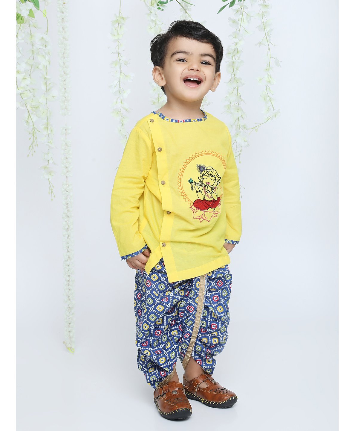 KID1 Janmashtami Theme Full Sleeves   Krishna Printed Kurta & Bandhej Printed Dhoti -  Yellow-picture-34