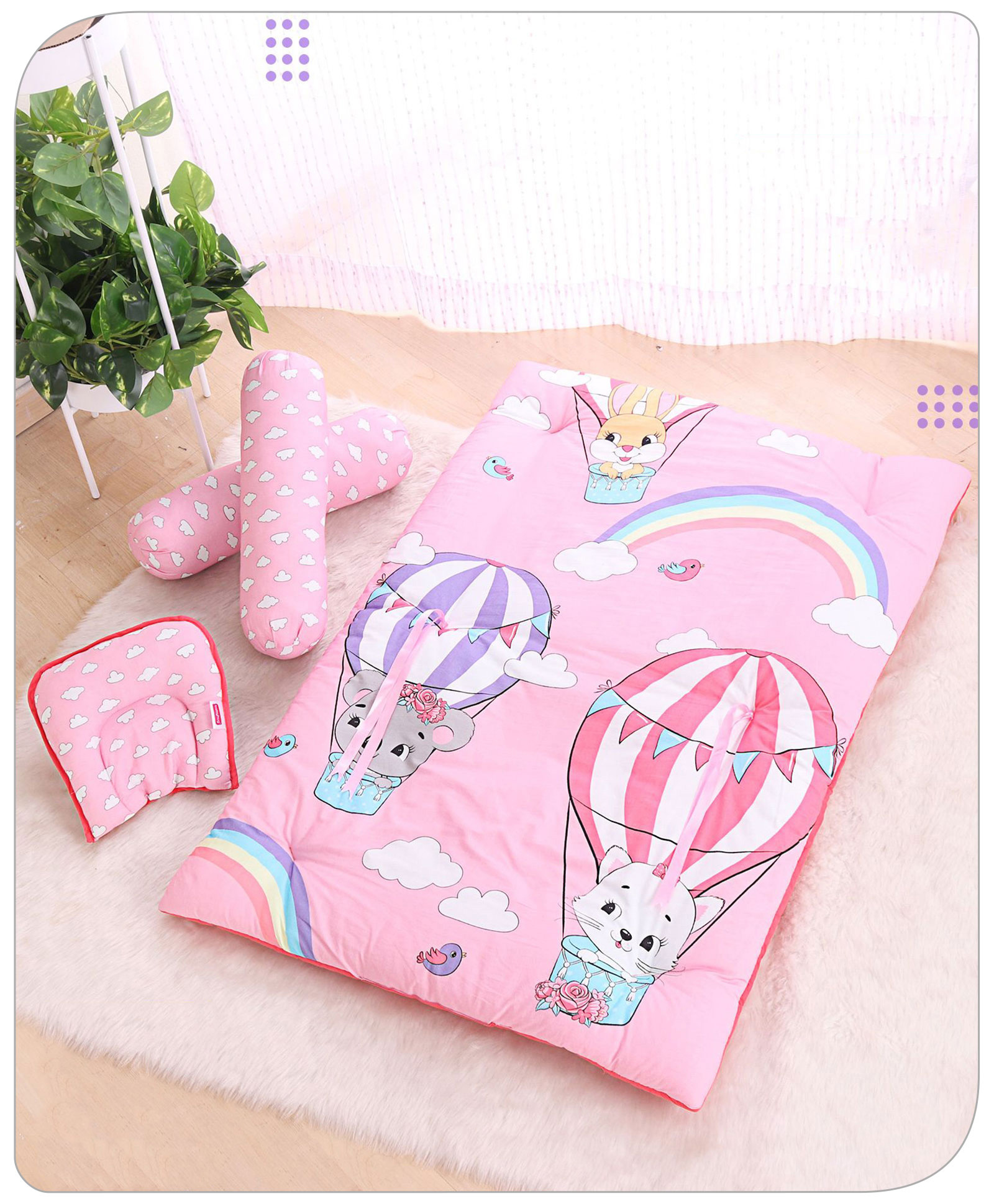 Babyhug 100% Premium Cotton Baby Bedding Set Air Balloon Print- Pink-image-45