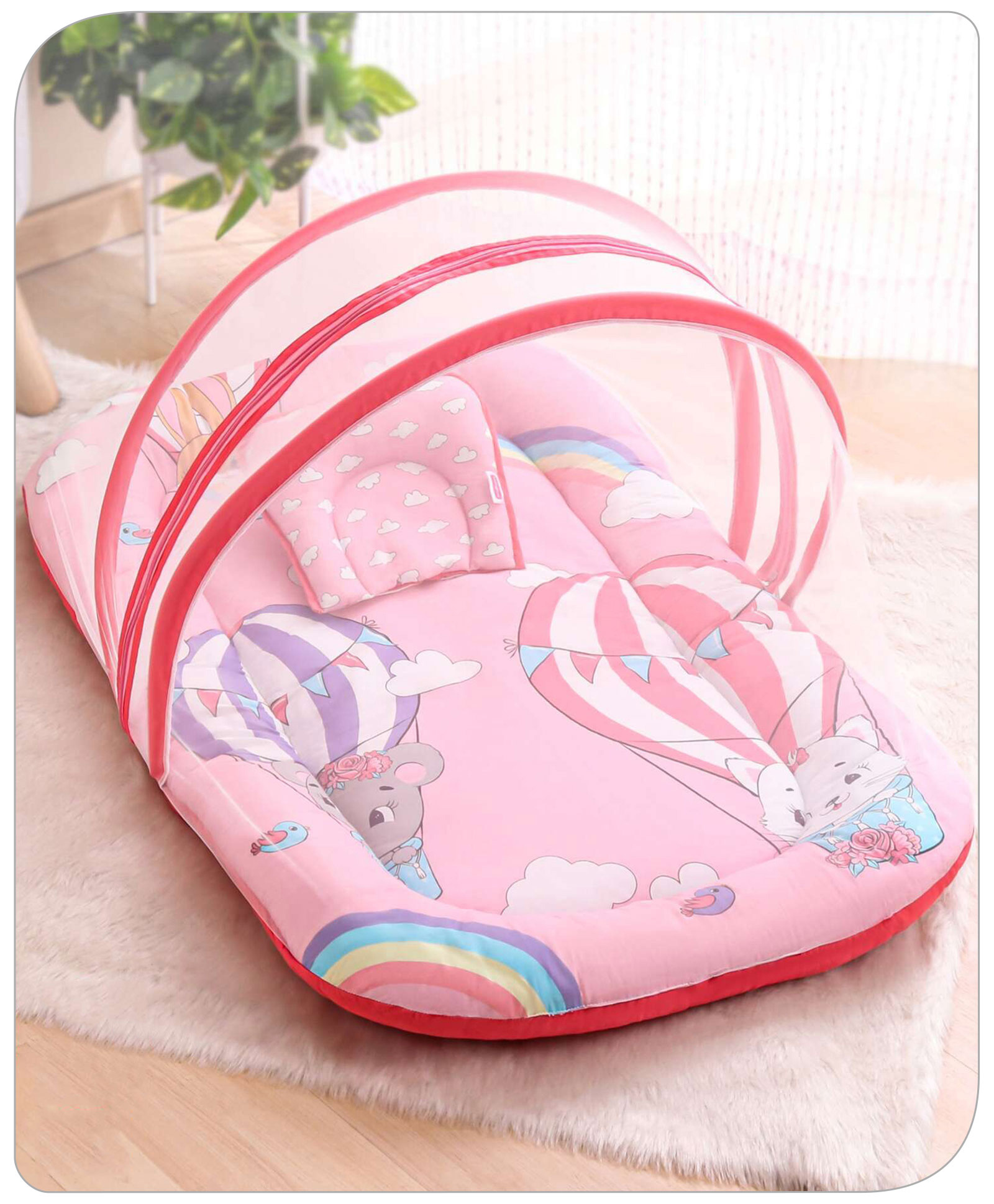 Babyhug Cotton Bedding Set with Mosquito Net Hot Air Balloon Print -  Pink-picture-28