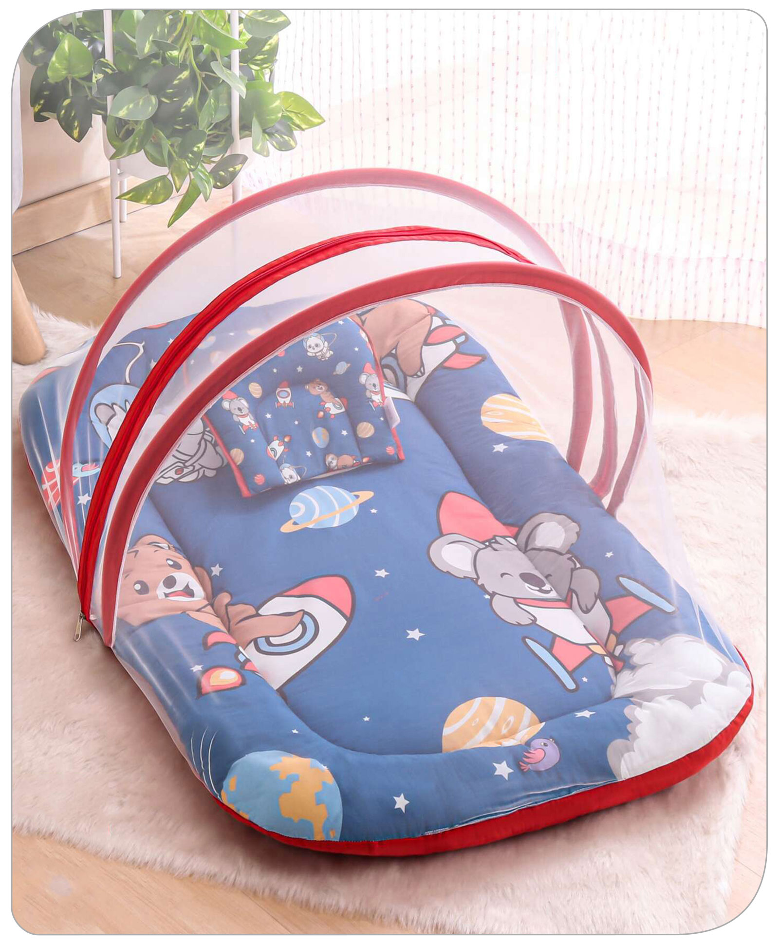 Babyhug Cotton Bedding Set with Mosquito Net Animal Astronaut Print - Navy Blue-picture-25
