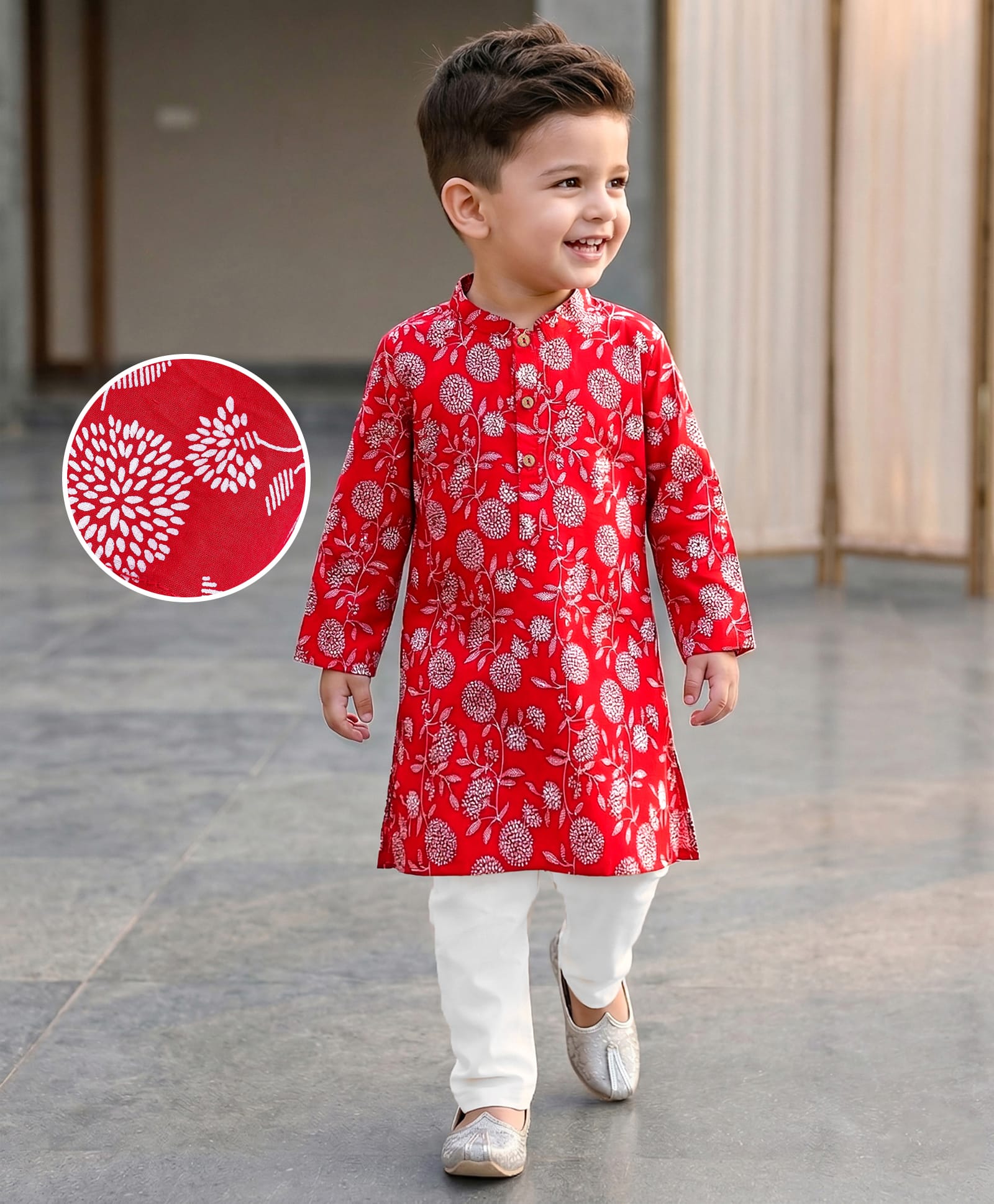 Babyhug Cotton Woven Floral Printed Full Sleeves Kurta & Pyjama Set- Red-image-46