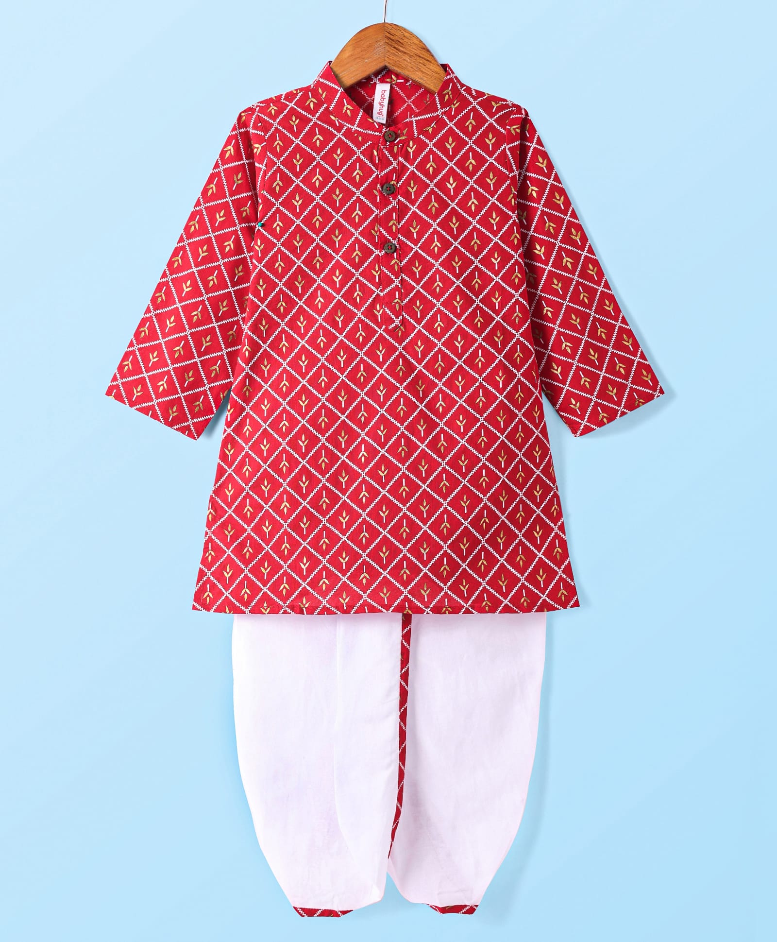 Babyhug Cotton Woven Full Sleeves Foil Printed Kurta & Dhoti Set - Red-image-37