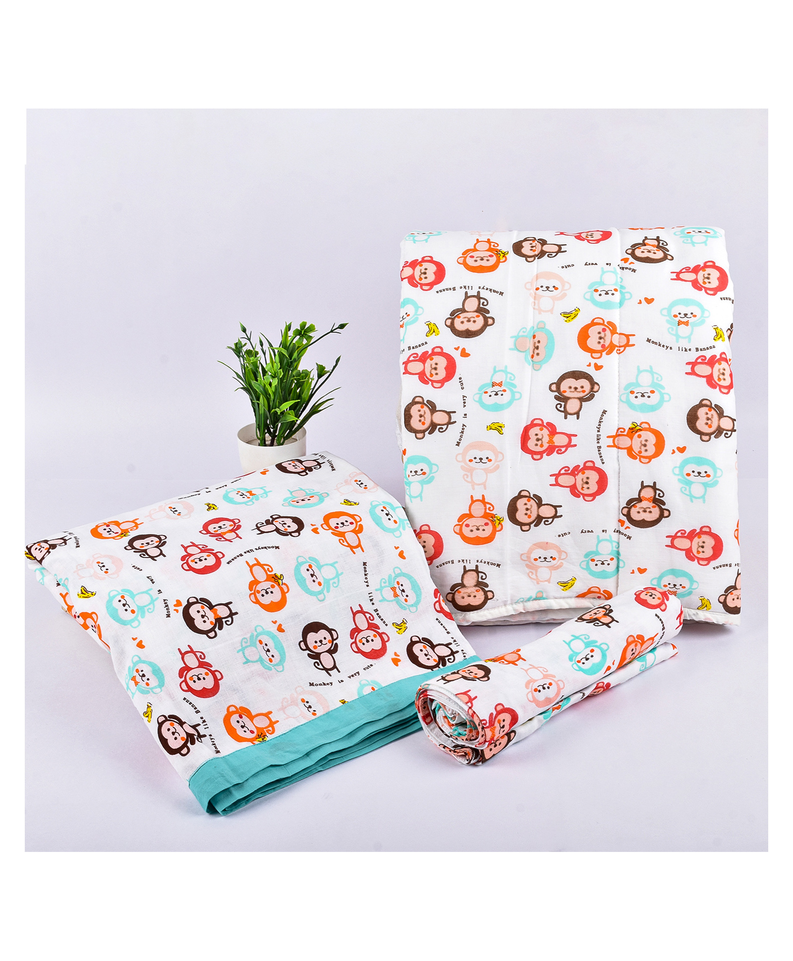 mom's home Moms Home Organic Cotton Baby Bedding Combo Colourful Monkey - Pack of 3-picture-26
