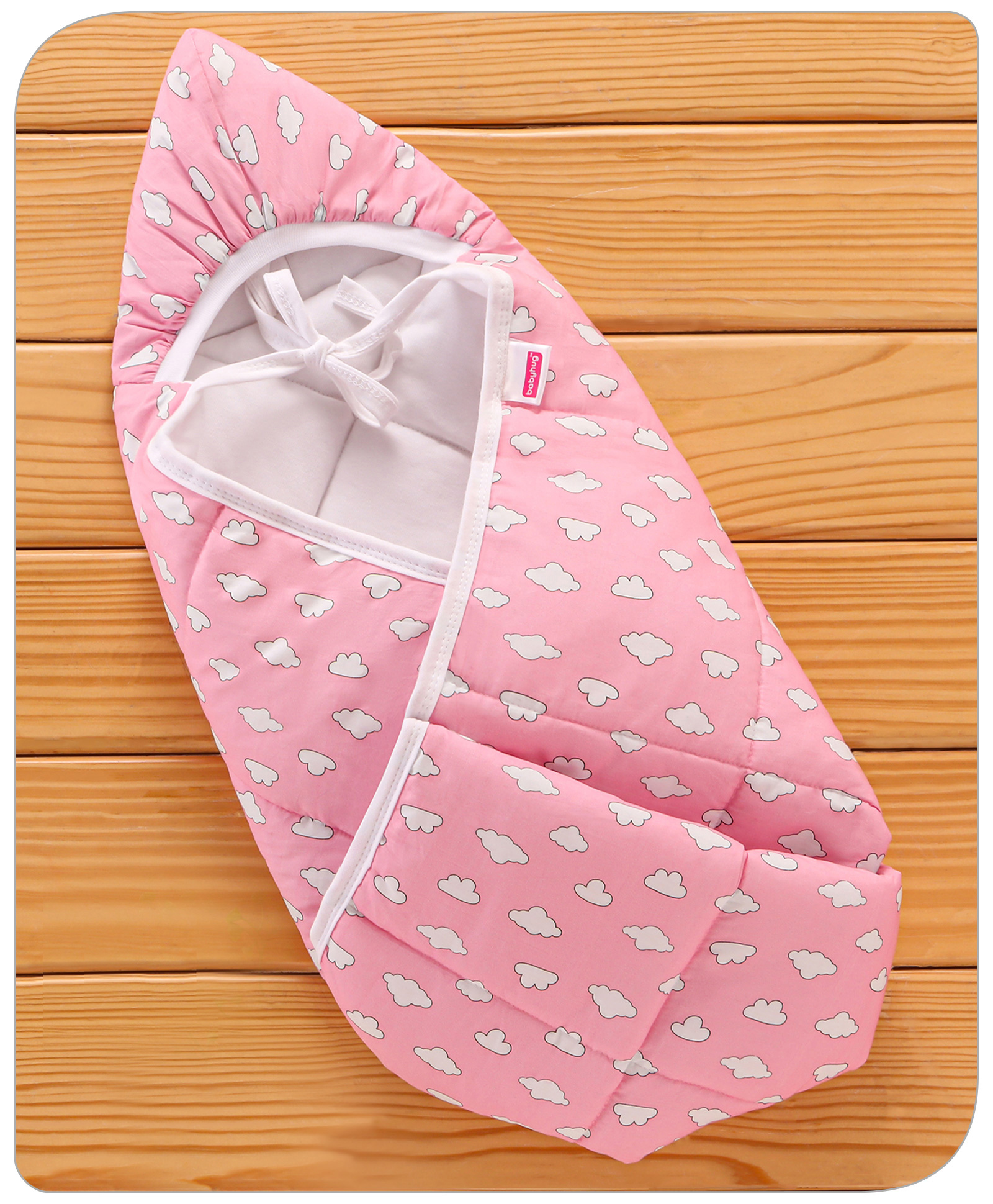 Babyhug Hooded Quilted Cotton Wrapper with Cloud Print- Pink-image-13