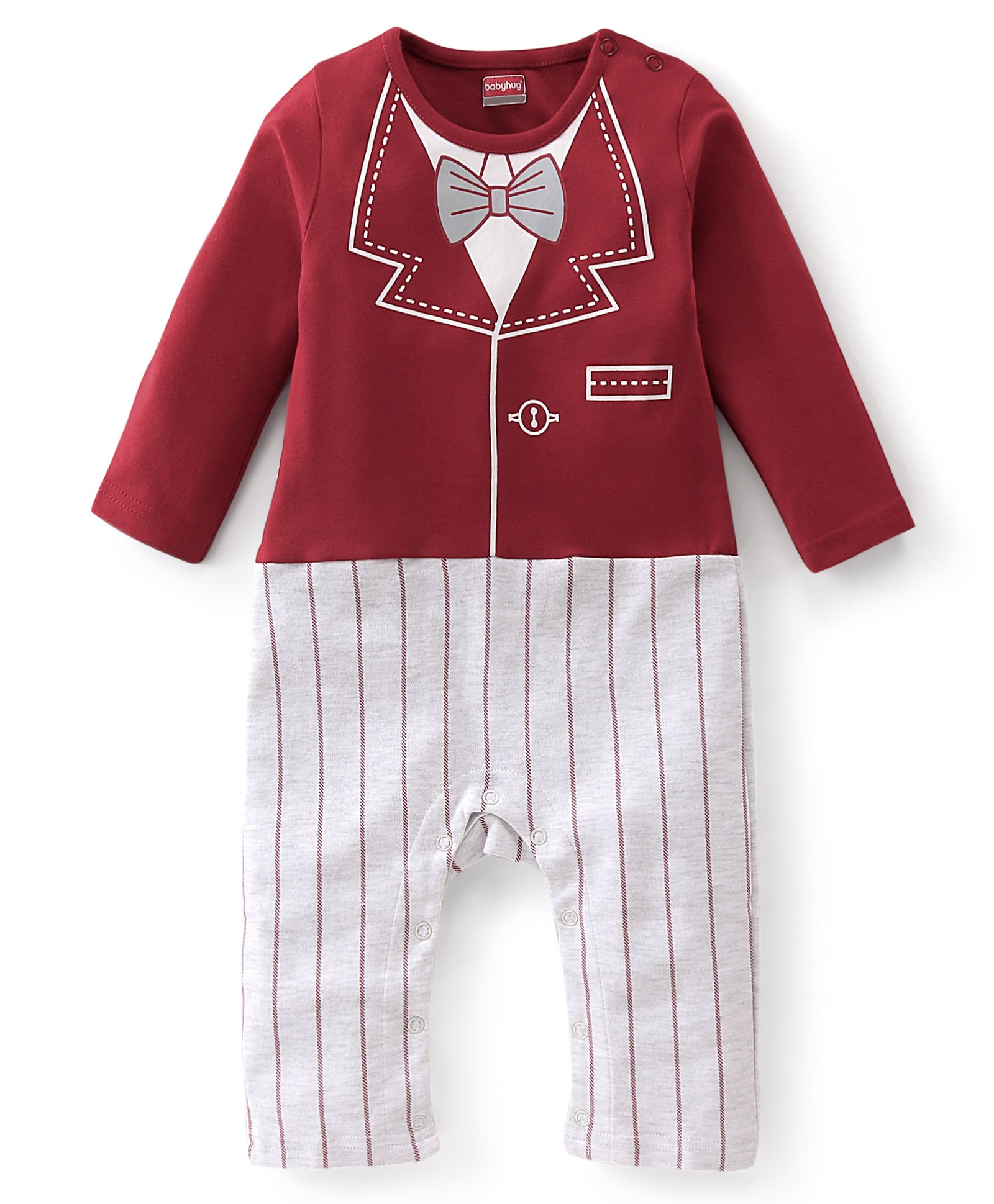 Babyhug Cotton Knit Full Sleeves Romper with Blazer Design - Red & White-image-26