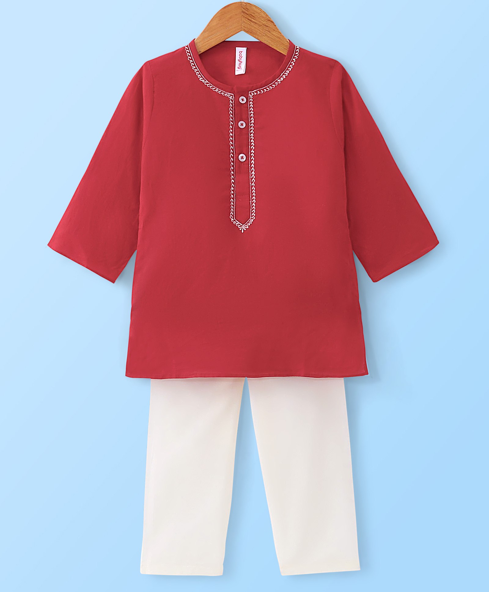 Babyhug Cotton Solid Full Sleeves Kurta Pyjama - Red-image-48