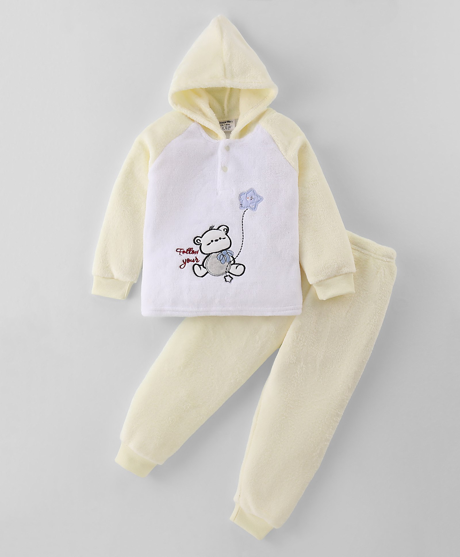 Kookie Kids Full Sleeves T-Shirt & Lounge Pant With Teddy Embroidery - Yellow & White-picture-10