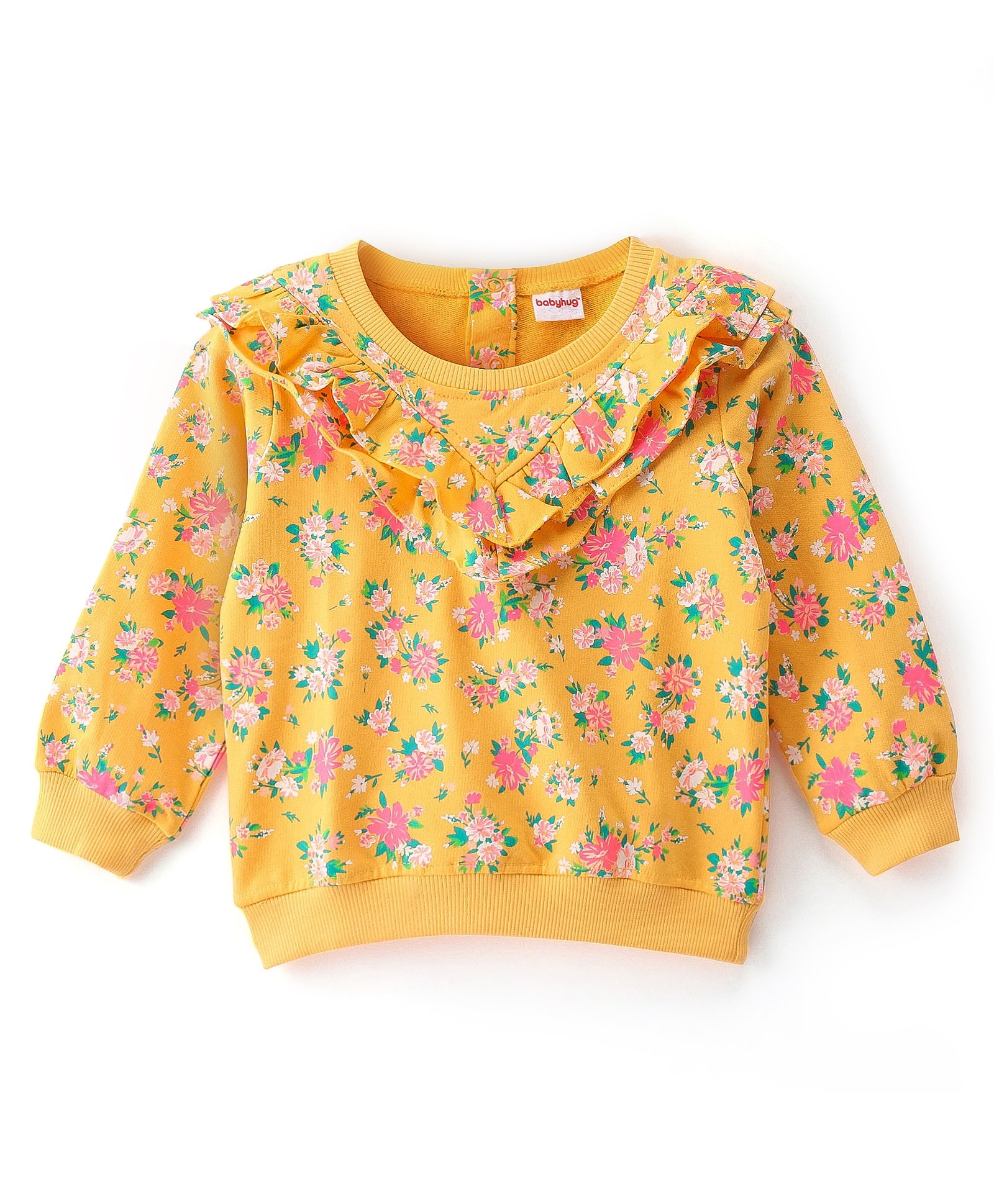 Babyhug 100% Cotton Full Sleeves Sweatshirt With Floral Print & Frill Detailing - Yellow-image-34