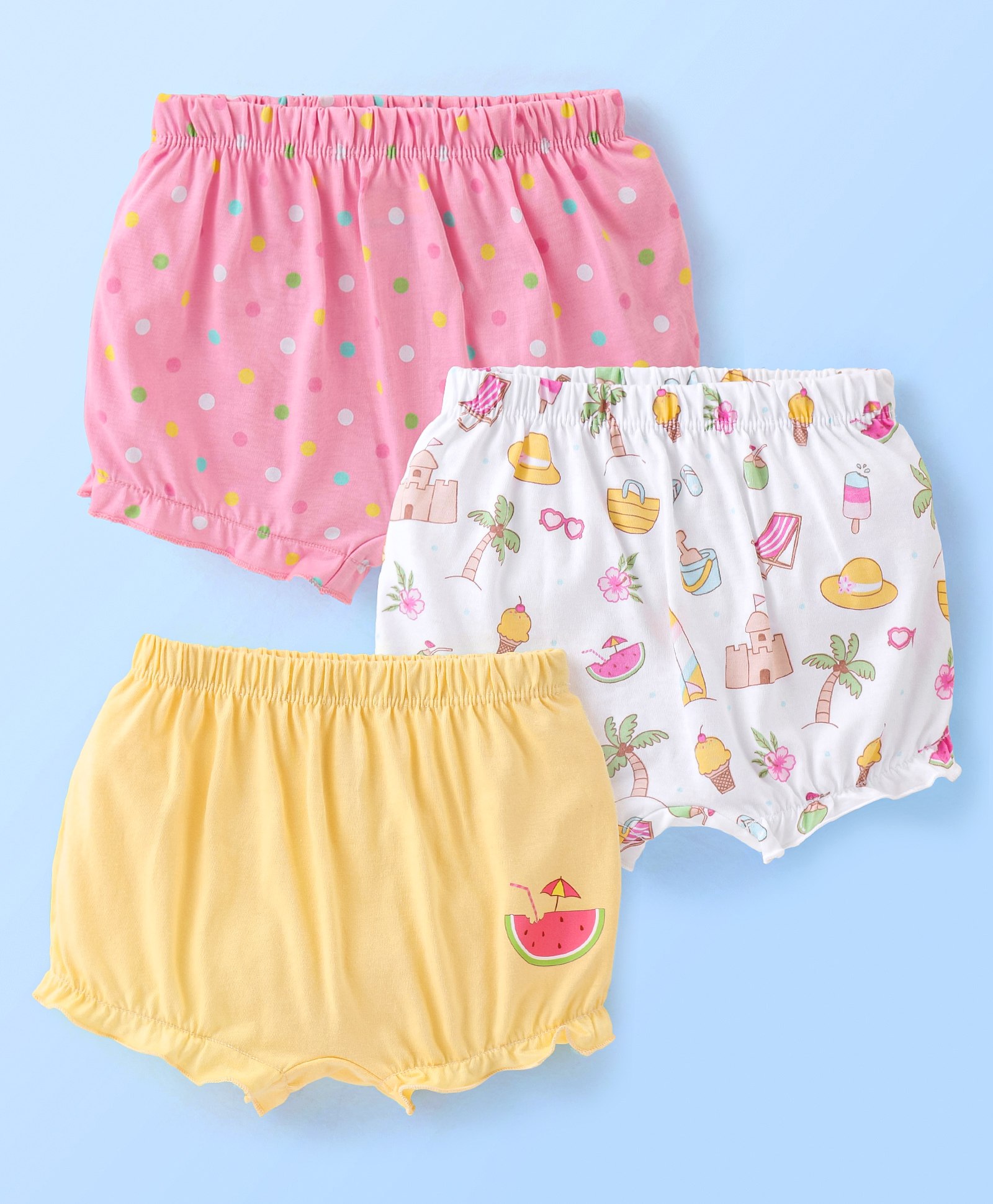 Babyhug 100% Cotton Knit Beach Print Bloomers Pack of 3 - Multicolour