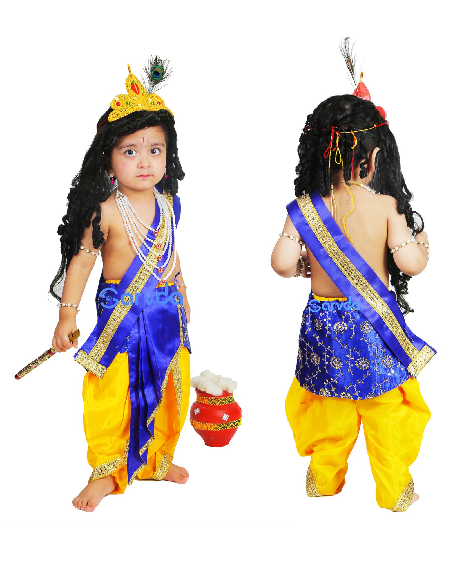 Sarvda Janmashtami Theme Silk Floral Swirl Sequin & Gota Lace Embellished Krishna Costume Kit - Blue & Yellow-image-19