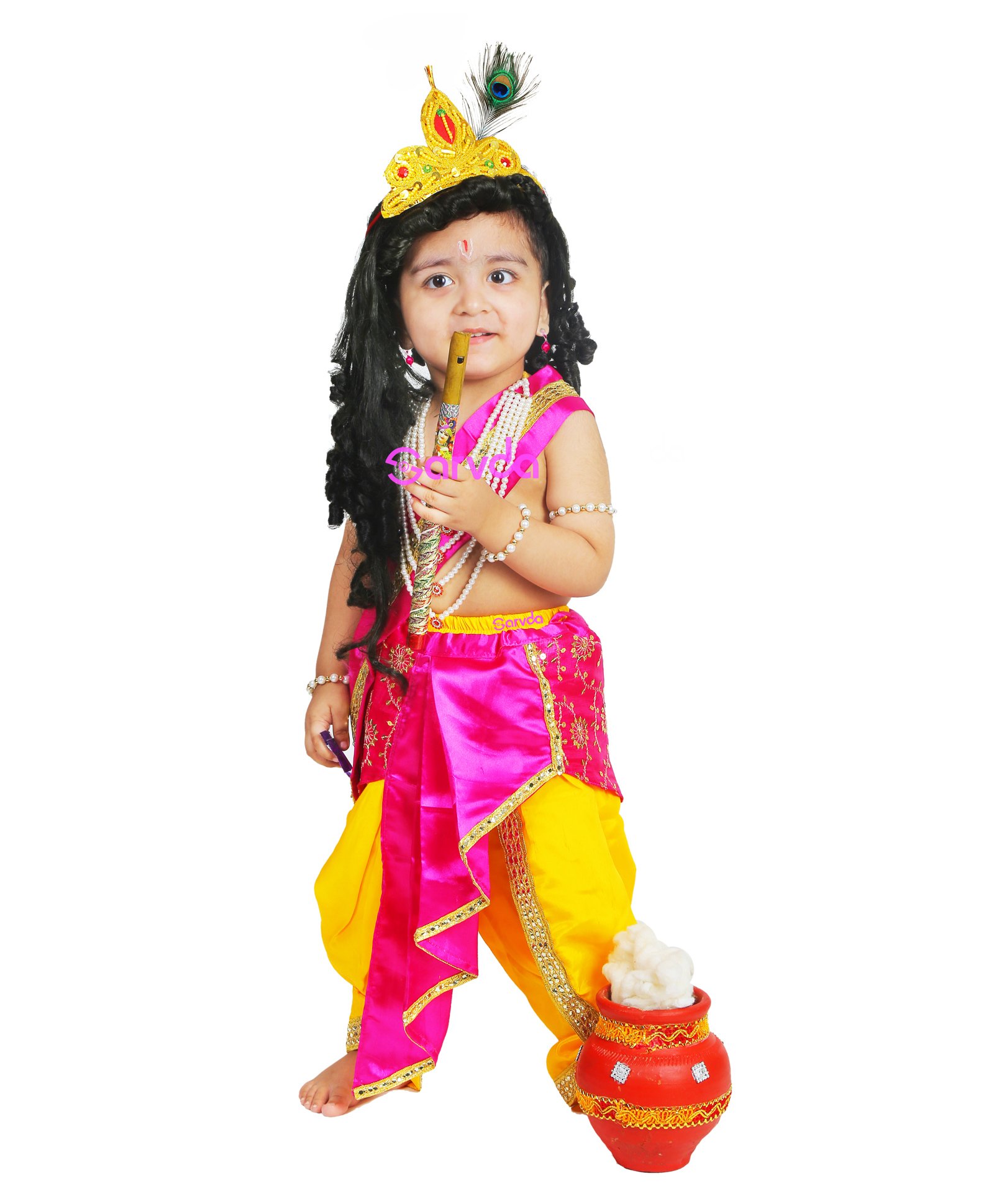 Sarvda Janmashtami Theme Silk Floral Swirl Sequin & Gota Lace Embellished Krishna Costume Kit - Pink & Yellow-picture-16