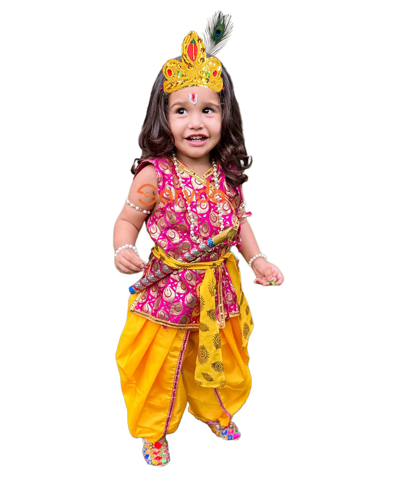 Sarvda Janmashtami Theme Sleeveless Mor Pankh Printed Angrakha Style Krishna Costume Kit - Magenta & Yellow