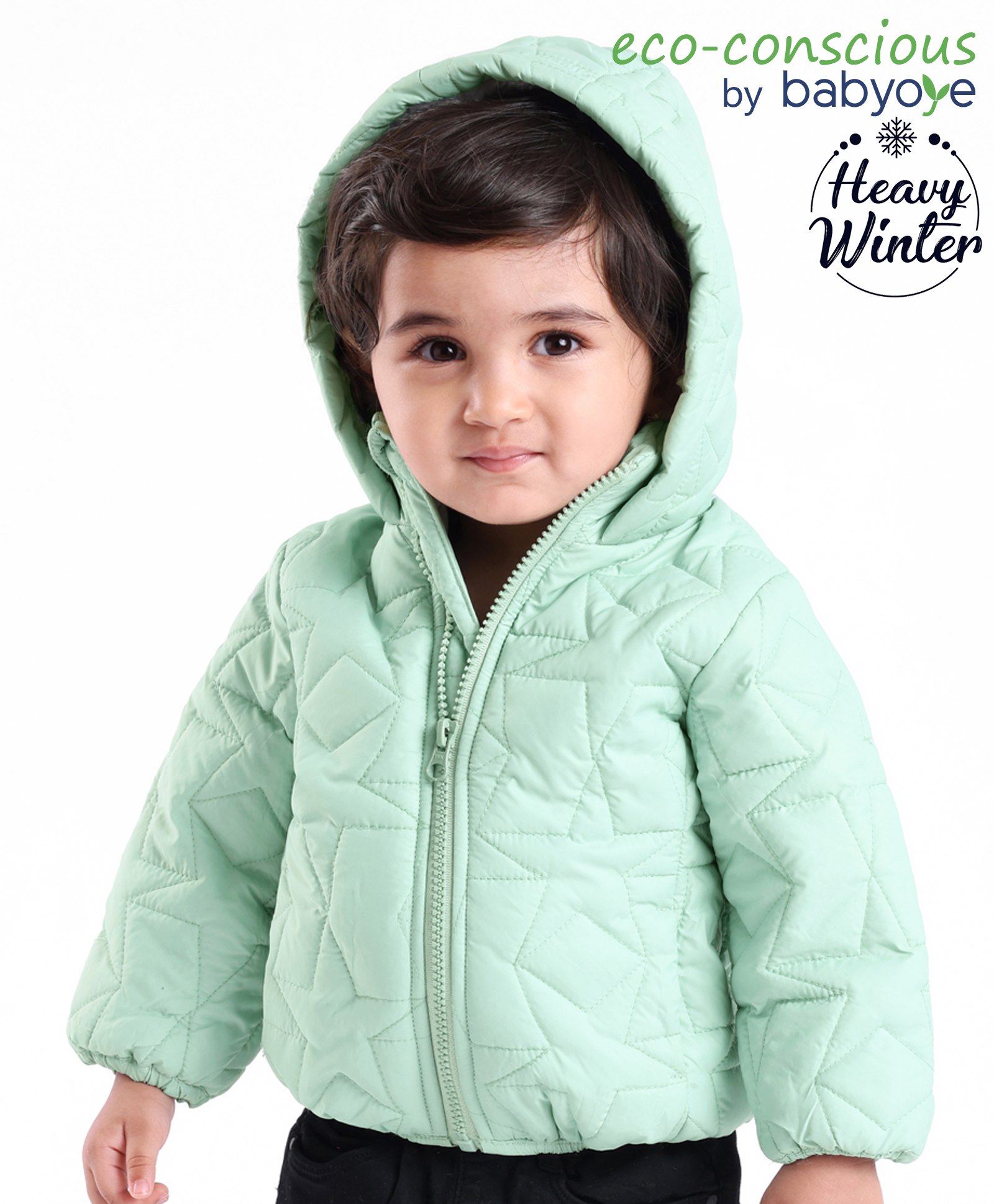 Babyoye Woven Knit Full Sleeves Jacket With Star Embroidery - Green-image-33